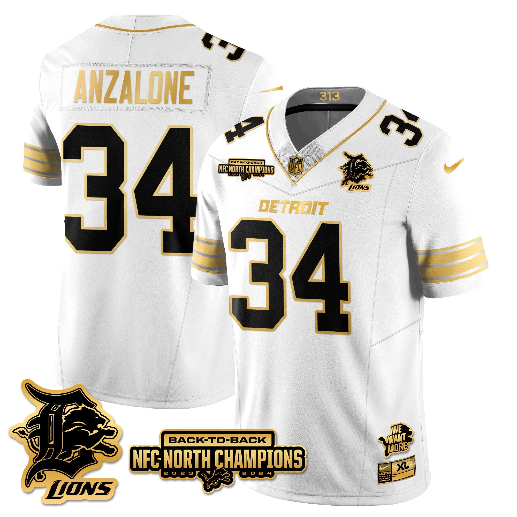 Hunk Wear - Detroit Lions ' Alex Anzalone ' 34 ' White Gold Jersey