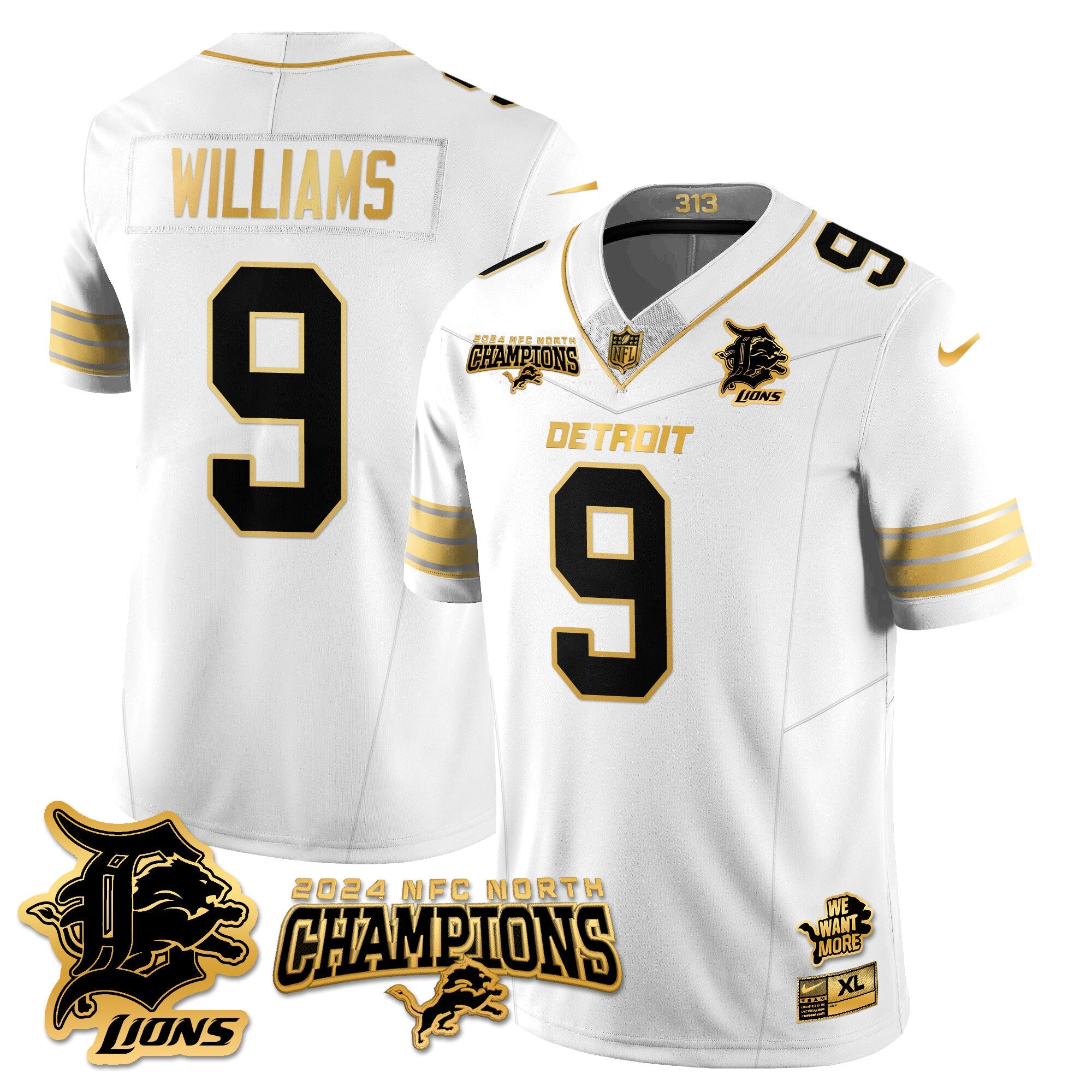 Hunk Wear - Detroit Lions 2024 NFC North Champions Gold Jersey N1 ' All Stitched ' Jameson Williams ' 9 ' White Gold Jersey