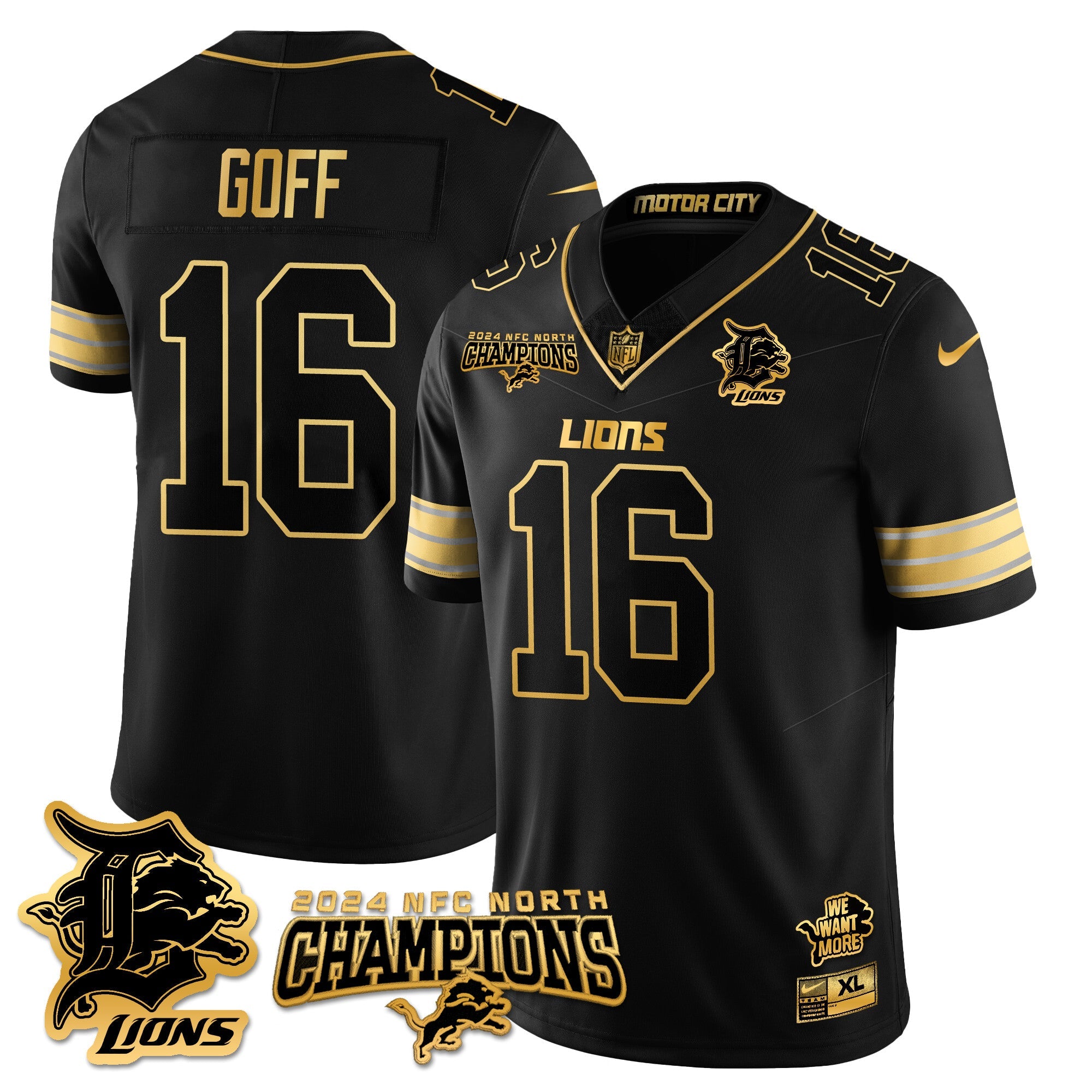 Hunk Wear - Detroit Lions 2024 NFC North Champions Gold Jersey N1 ' All Stitched ' Jared Goff ' 16 ' Black Gold Jersey
