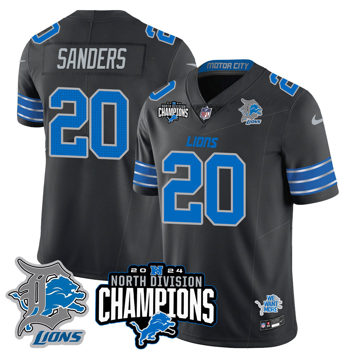 Hunk Wear - Detroit Lions 2024 NFC North Champions Gold Jersey N2 ' All Stitched ' Barry Sanders ' 20 ' Black Jersey