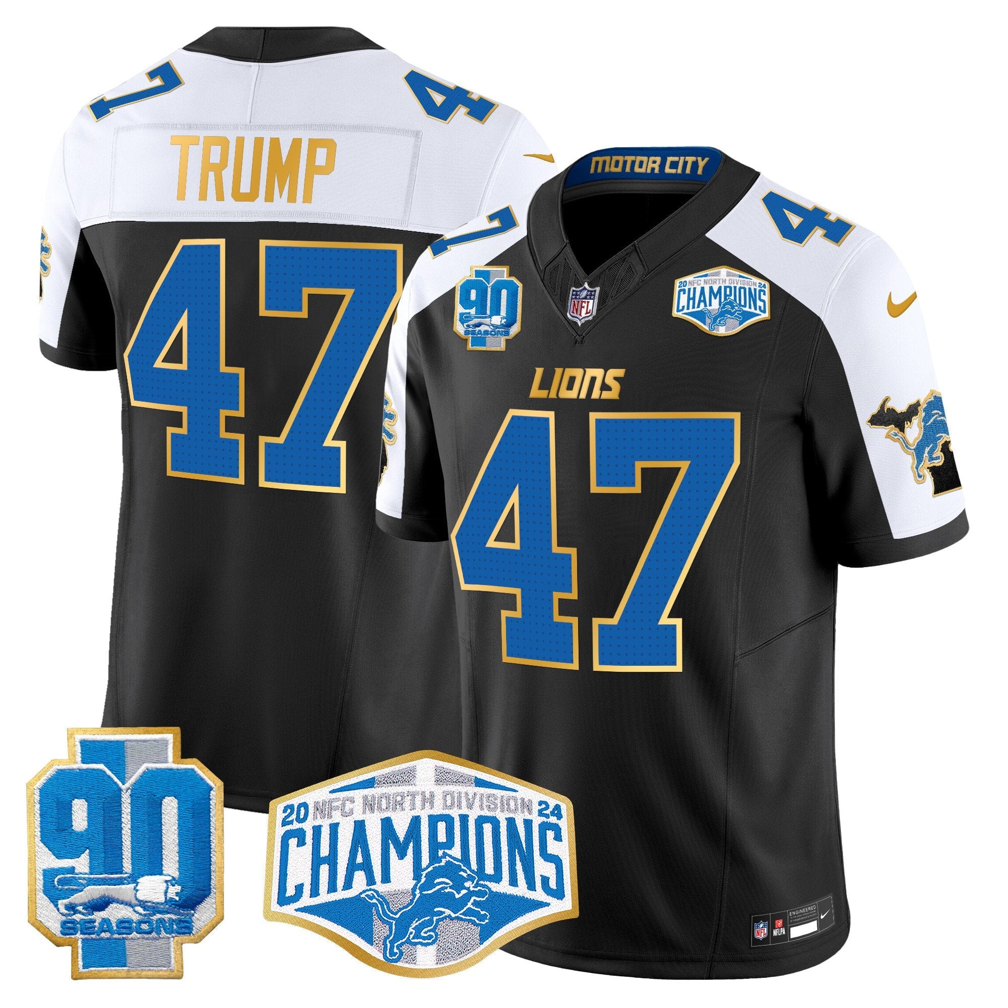 Hunk Wear - Detroit Lions 2024 NFC North Division Champions Patch Gold Trim Vapor Limited Jersey ' All Stitched ' Black Alternate ' Donald Trump Jersey