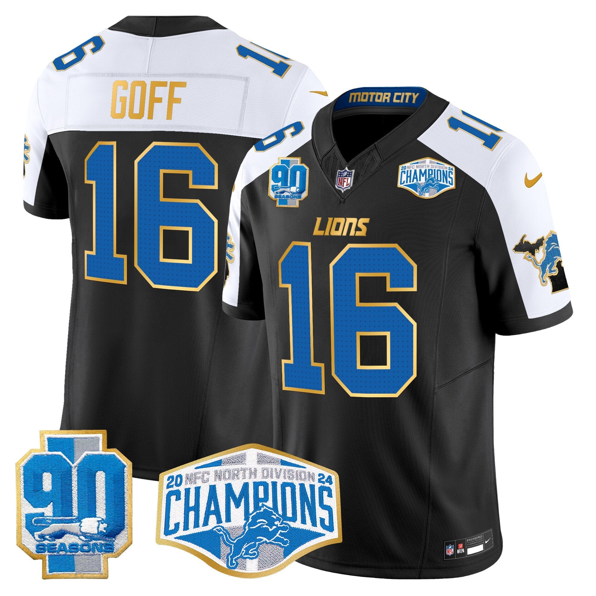 Hunk Wear - Detroit Lions 2024 NFC North Division Champions Patch Gold Trim Vapor Limited Jersey ' All Stitched ' Black Alternate ' Jared Goff Jersey