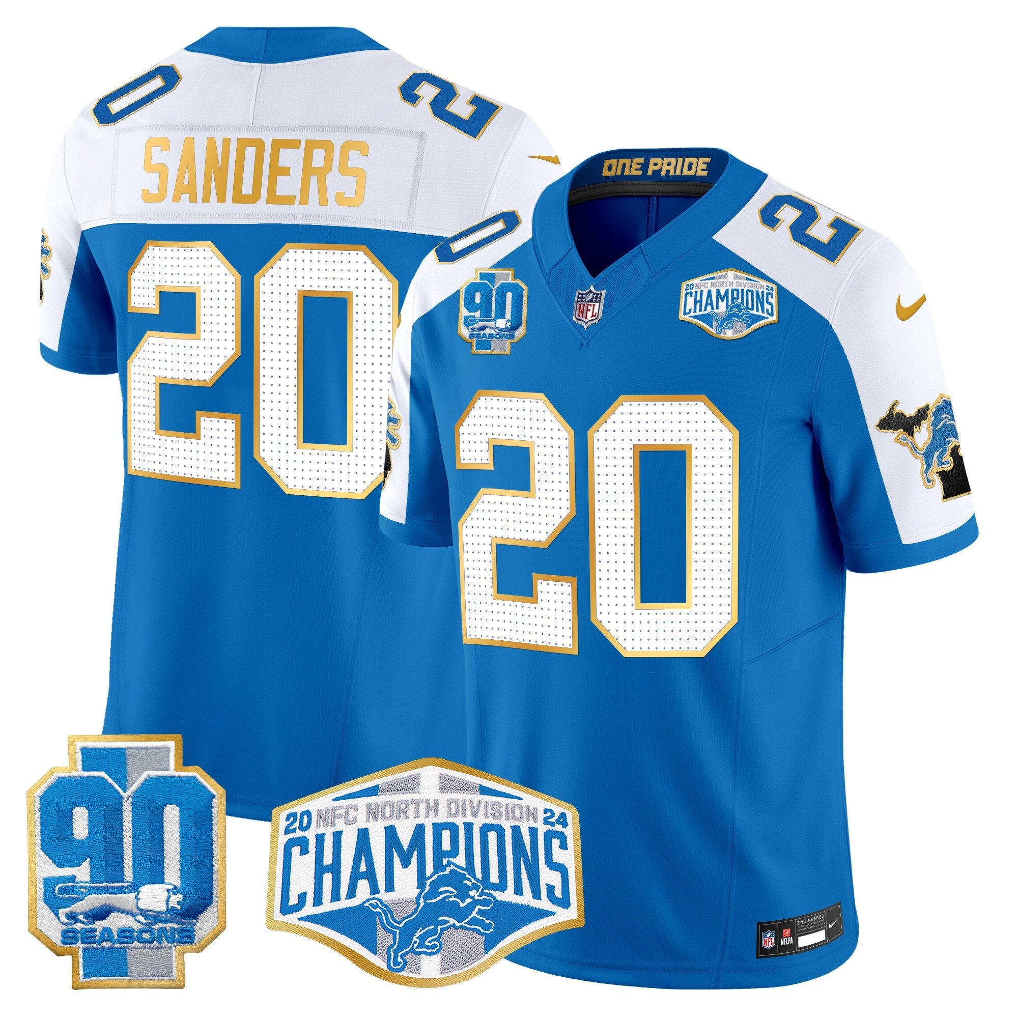 Hunk Wear - Detroit Lions 2024 NFC North Division Champions Patch Gold Trim Vapor Limited Jersey ' All Stitched ' Blue Alternate ' Barry Sanders Jersey