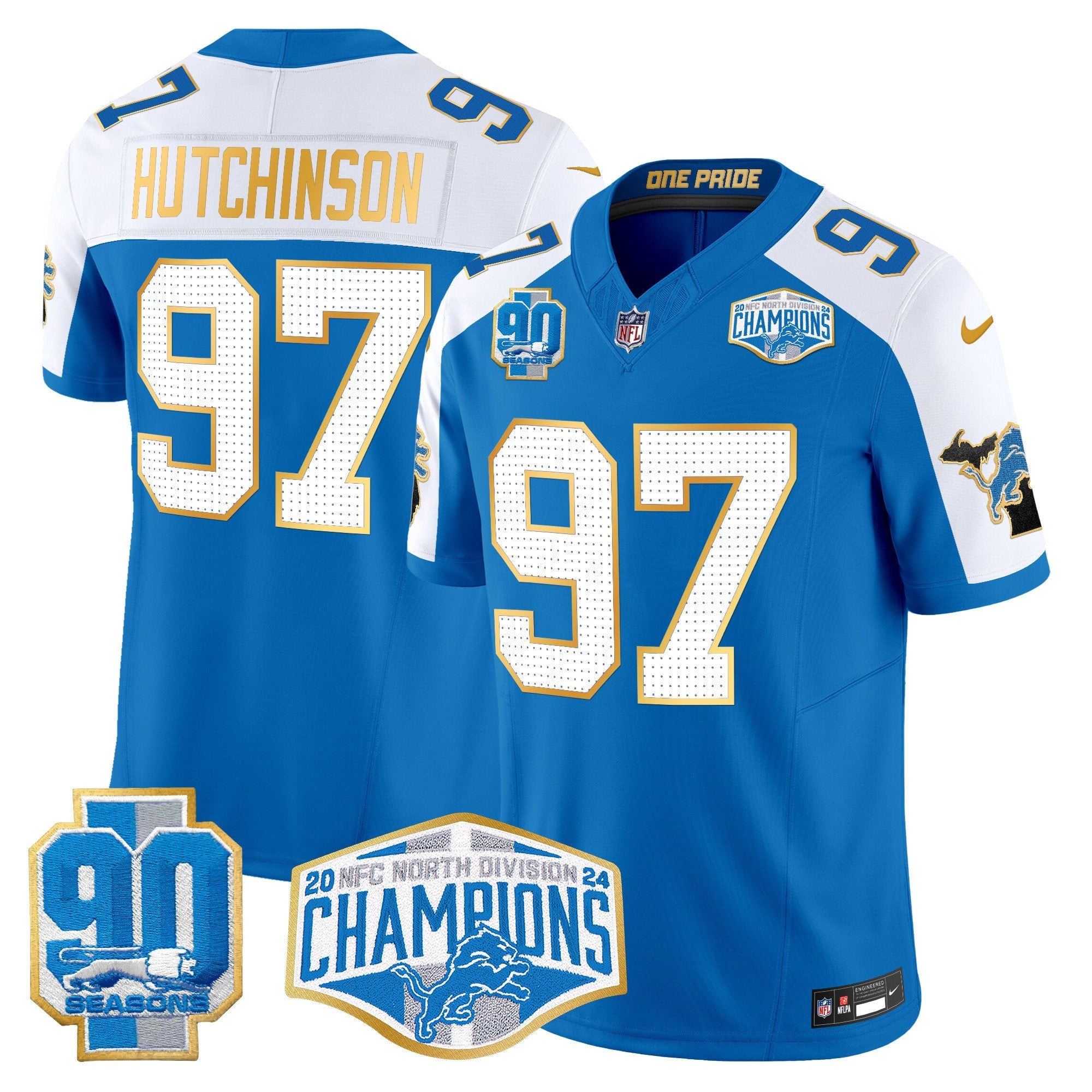 Hunk Wear - Detroit Lions 2024 NFC North Division Champions Patch Gold Trim Vapor Limited Jersey ' All Stitched ' Blue Alternate ' Hutchinson Jersey