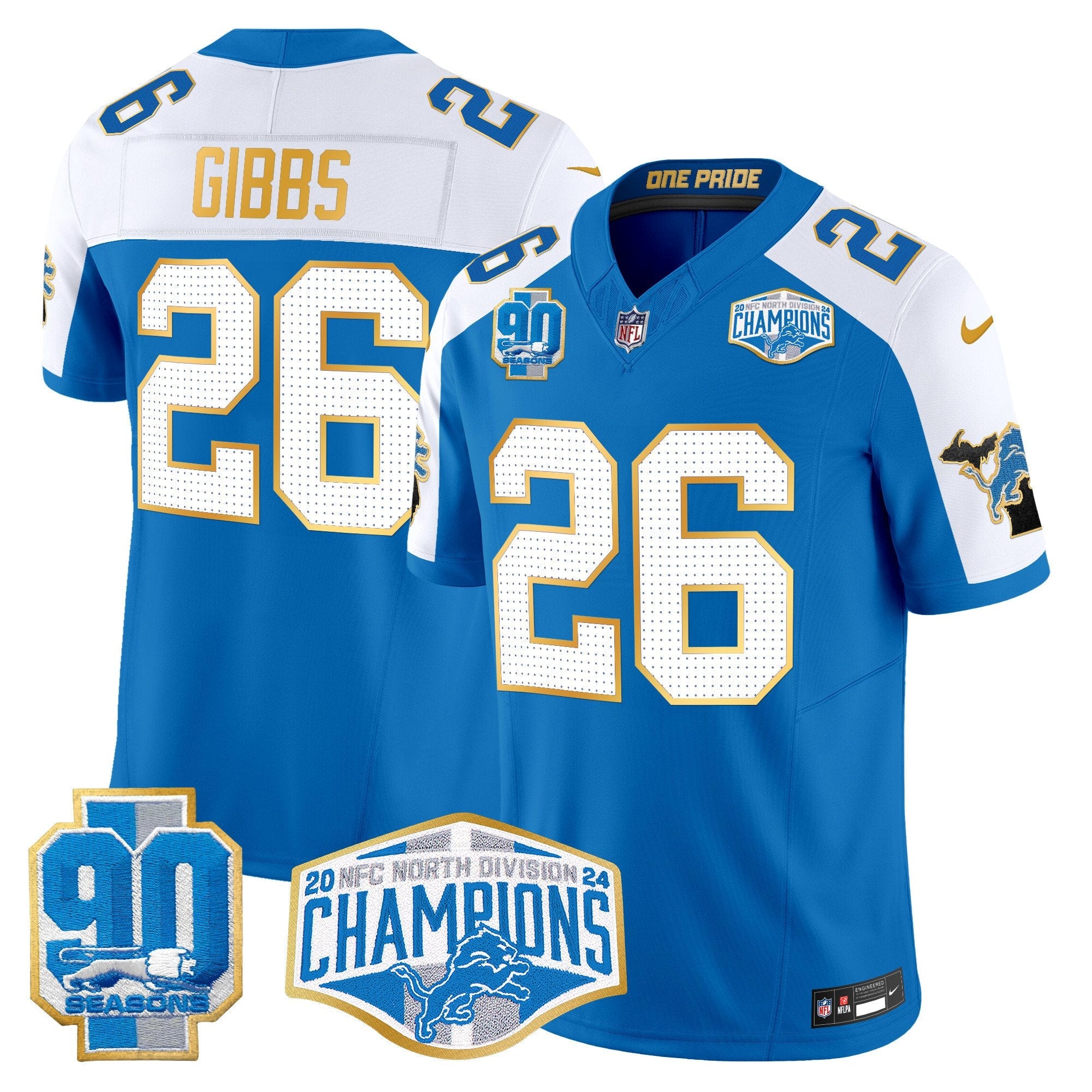 Hunk Wear - Detroit Lions 2024 NFC North Division Champions Patch Gold Trim Vapor Limited Jersey ' All Stitched ' Blue Alternate ' Jahmyr Gibbs Jersey