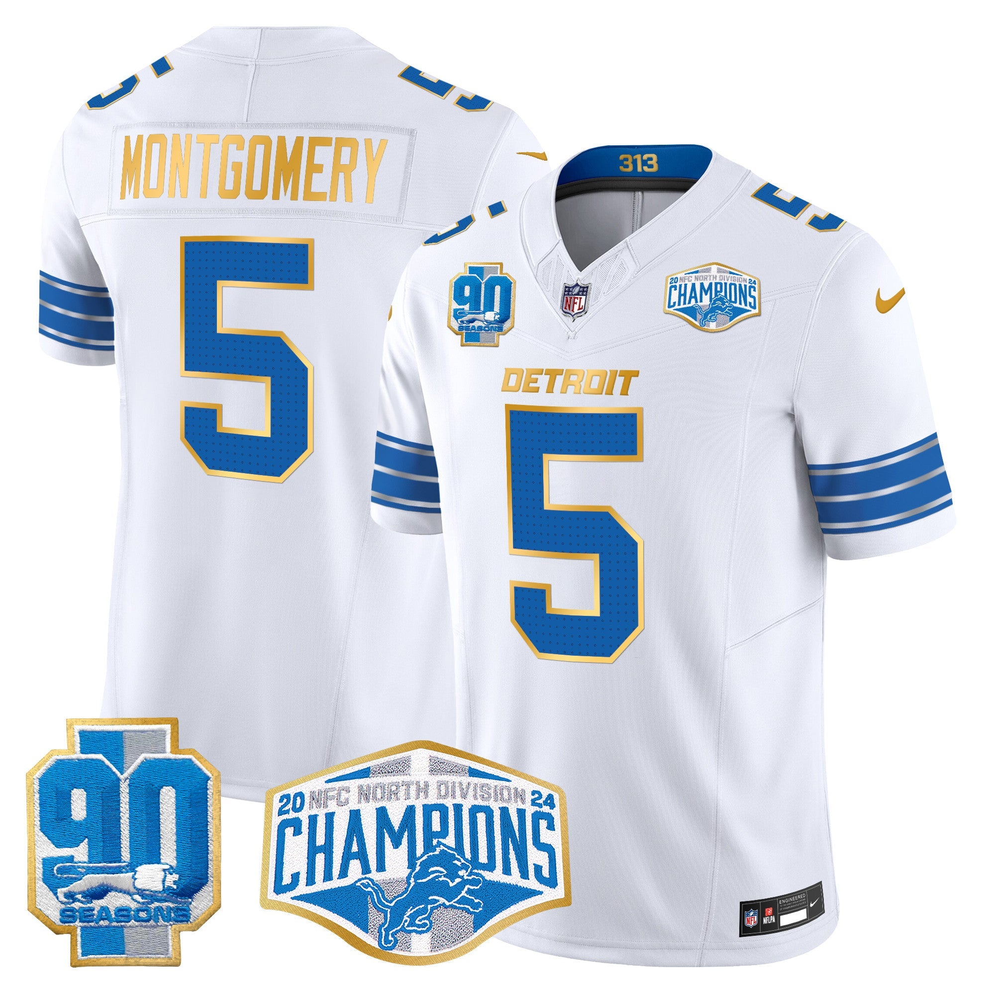 Hunk Wear - Detroit Lions 2024 NFC North Division Champions Patch Gold Trim Vapor Limited Jersey ' All Stitched ' White ' David Montgomery Jersey