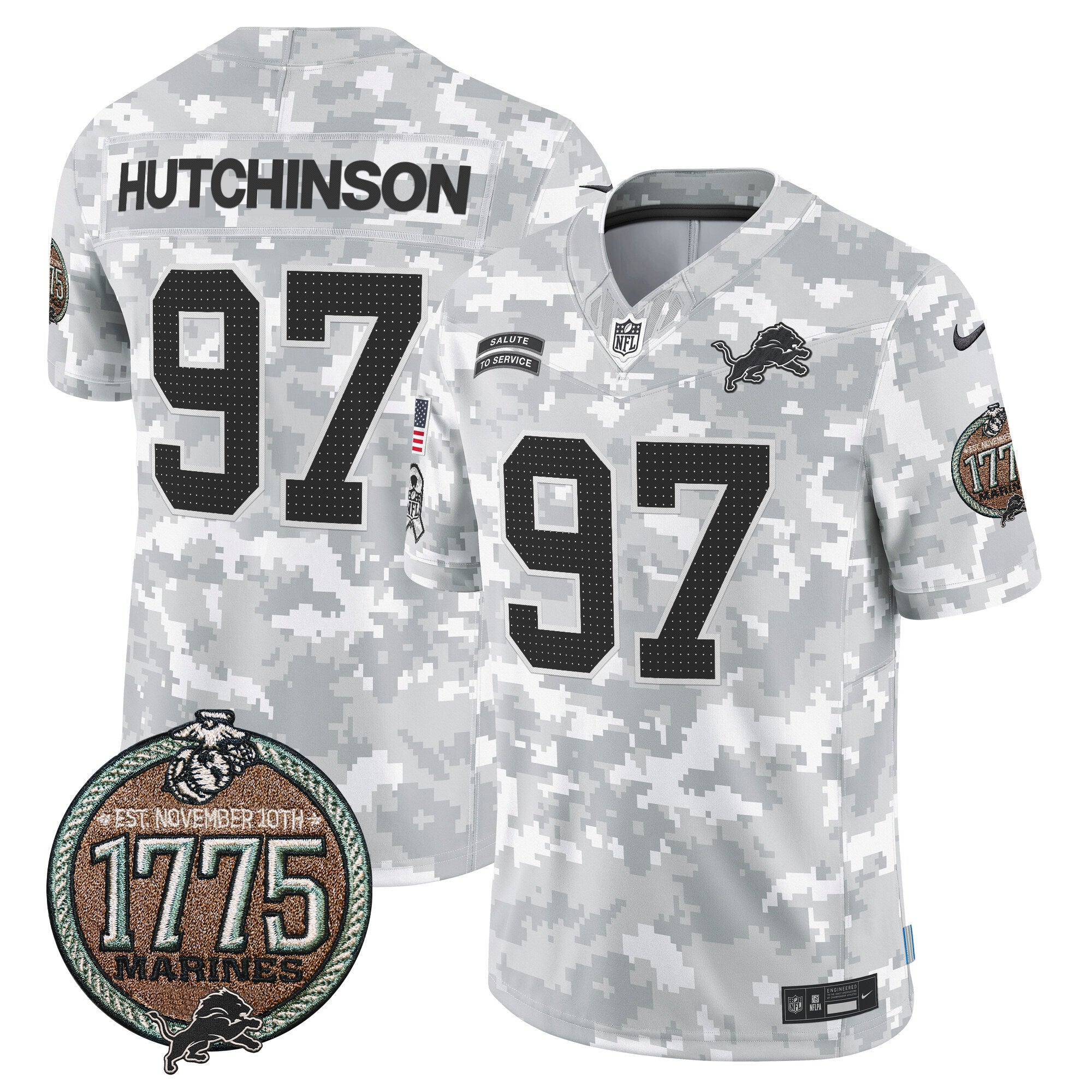 Hunk Wear - Detroit Lions 2024 Salute to Service Establishment Year Patch Vapor Limited Jersey ' All Stitched ' Marines ' Hutchinson Jersey