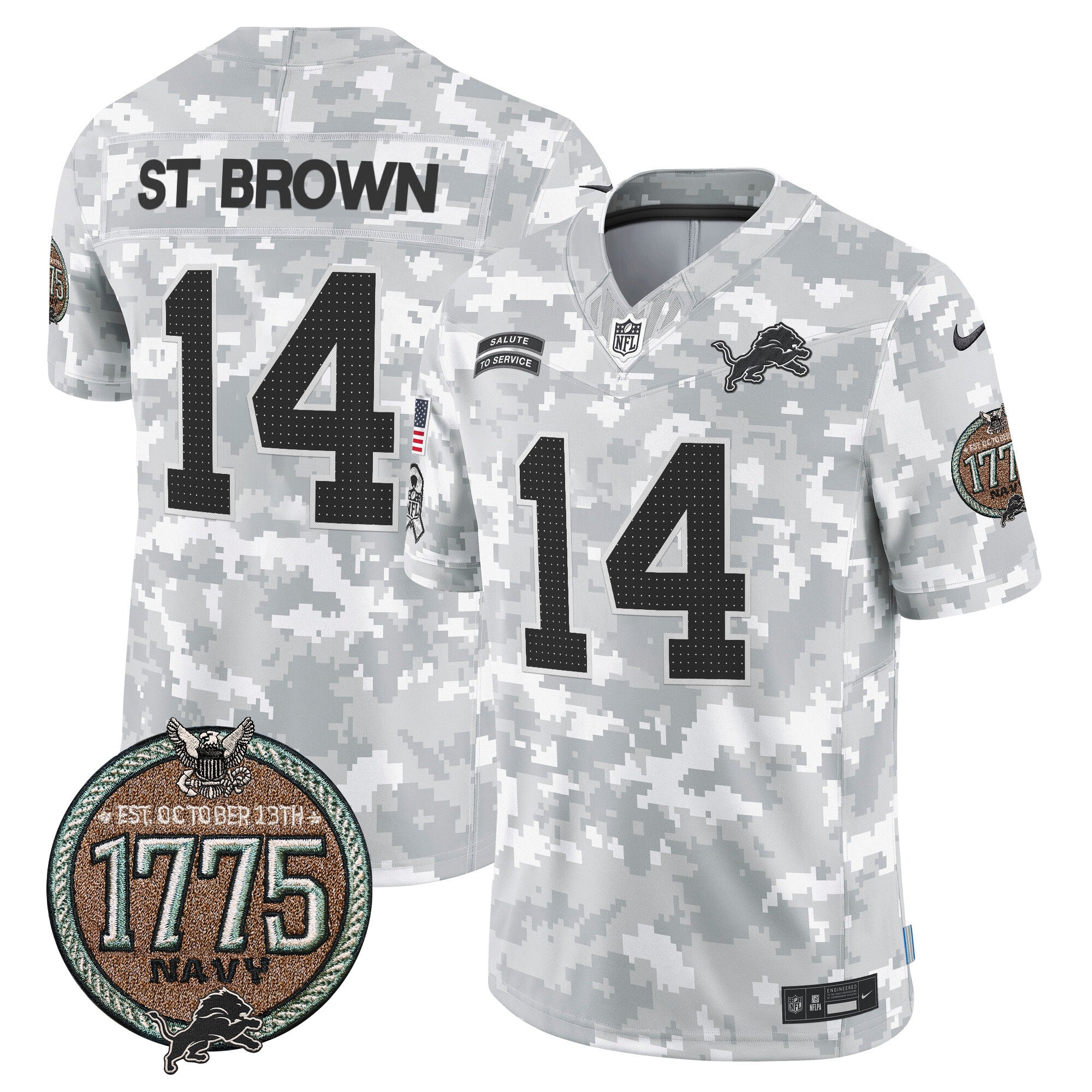 Hunk Wear - Detroit Lions 2024 Salute to Service Establishment Year Patch Vapor Limited Jersey ' All Stitched ' Navy ' St. Brown Jersey