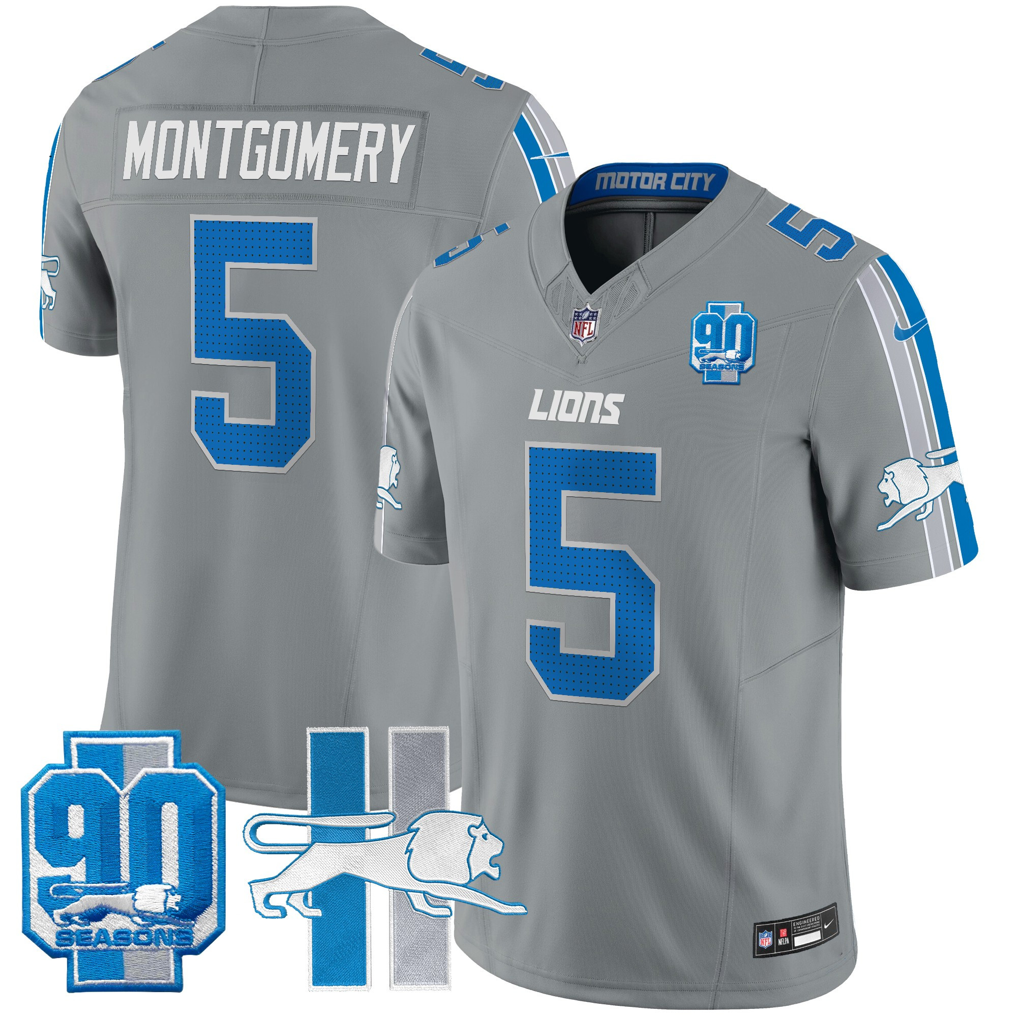 Hunk Wear - Detroit Lions David Montgomery Throwback 90th Year Patch Vapor Limited Jersey – All Stitched – Gray