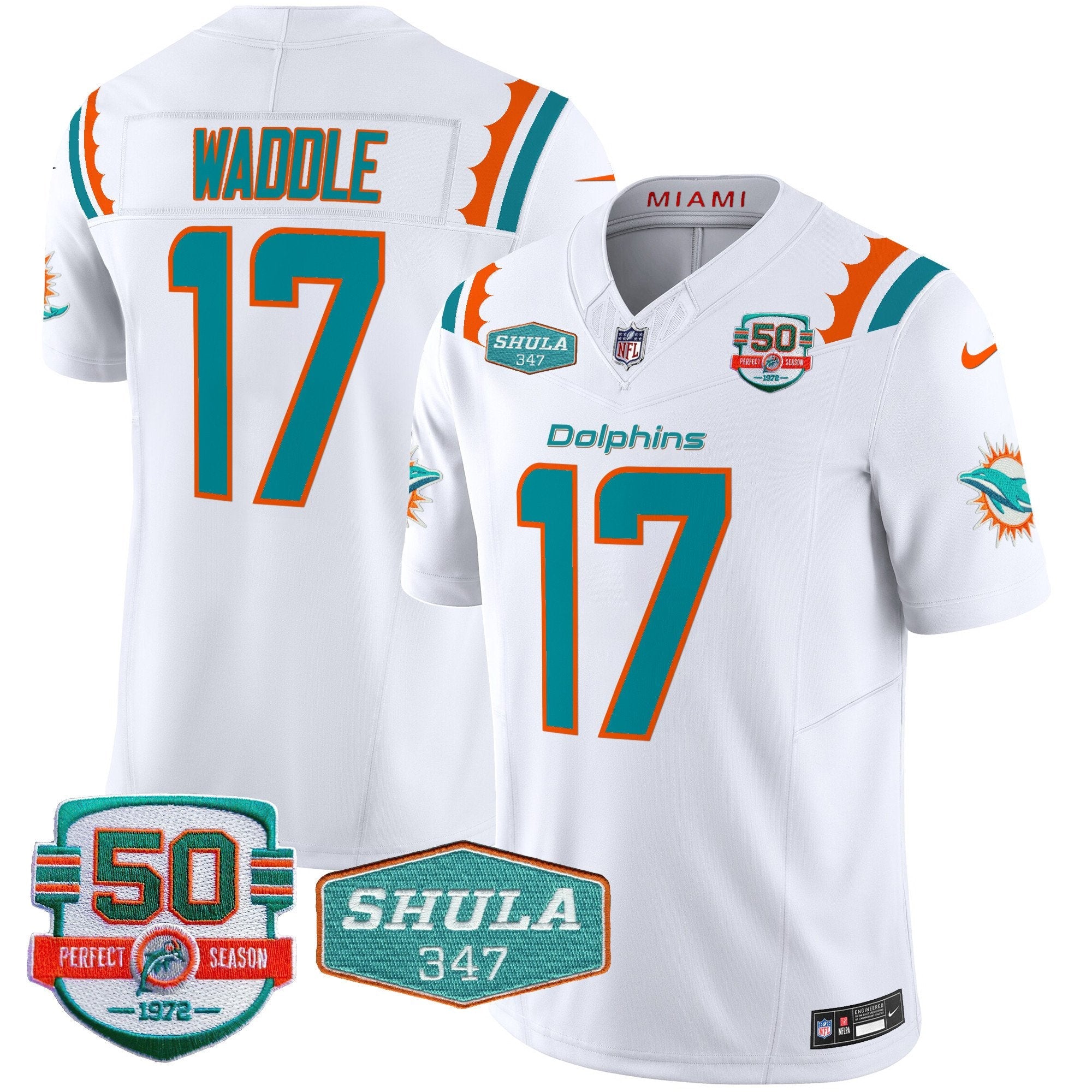 Hunk Wear - Dolphins 50th & Don Shula 347 Memorial Patch Vapor Limited Jersey – All Stitched – White – Jaylen Waddle Jersey
