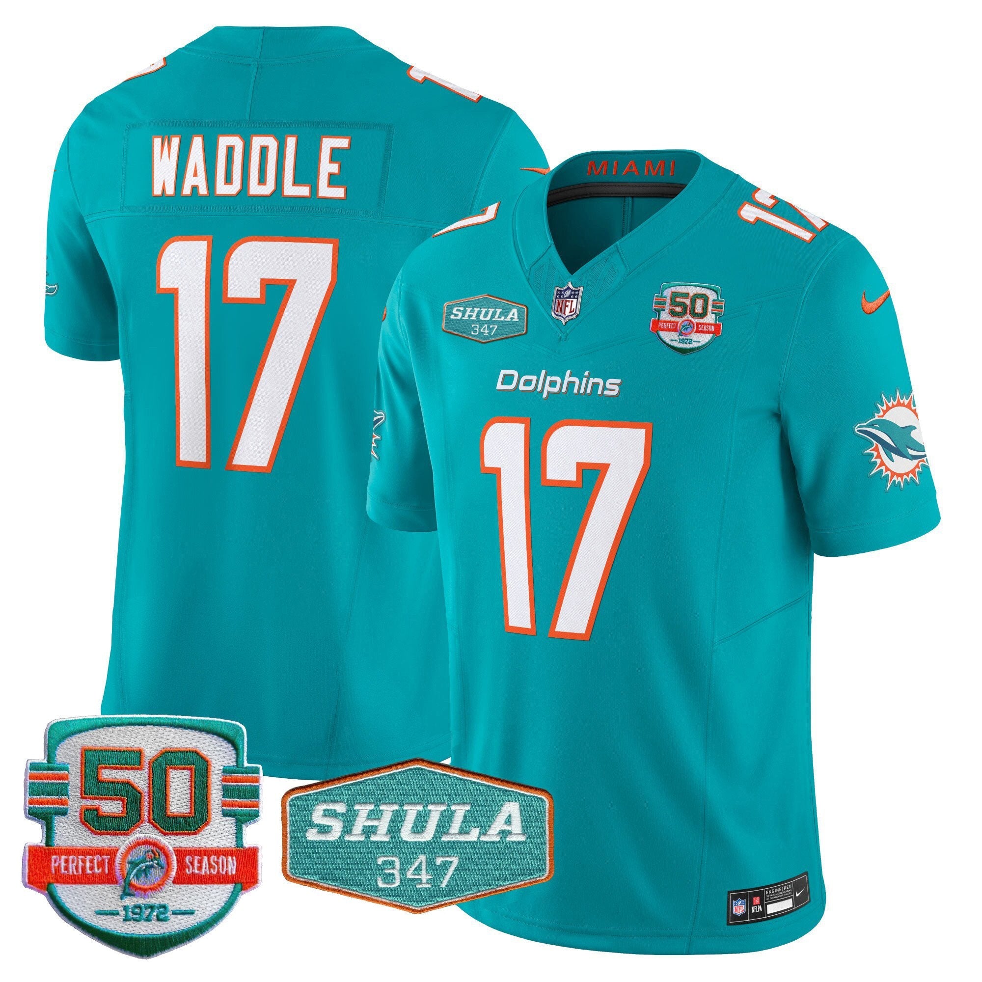 Hunk Wear - Dolphins Shula 347 Patch Vapor Limited Jersey V2 – All Stitched – Aqua – Jaylen Waddle Jersey