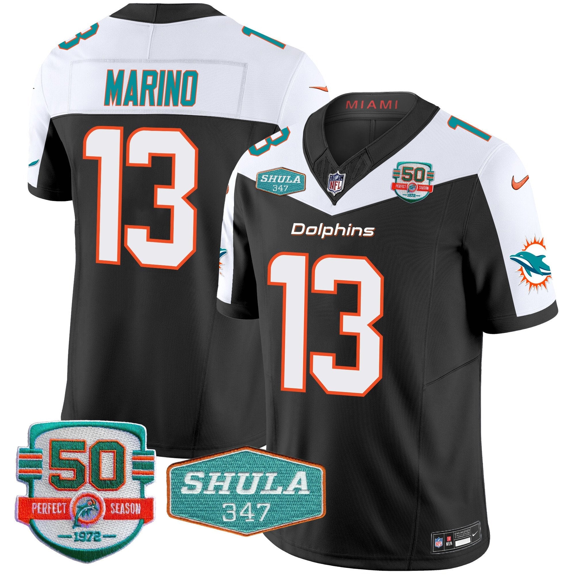 Hunk Wear - Dolphins Shula 347 Patch Vapor Limited Jersey V2 – All Stitched – Black Alternate – Dan Marino Jersey