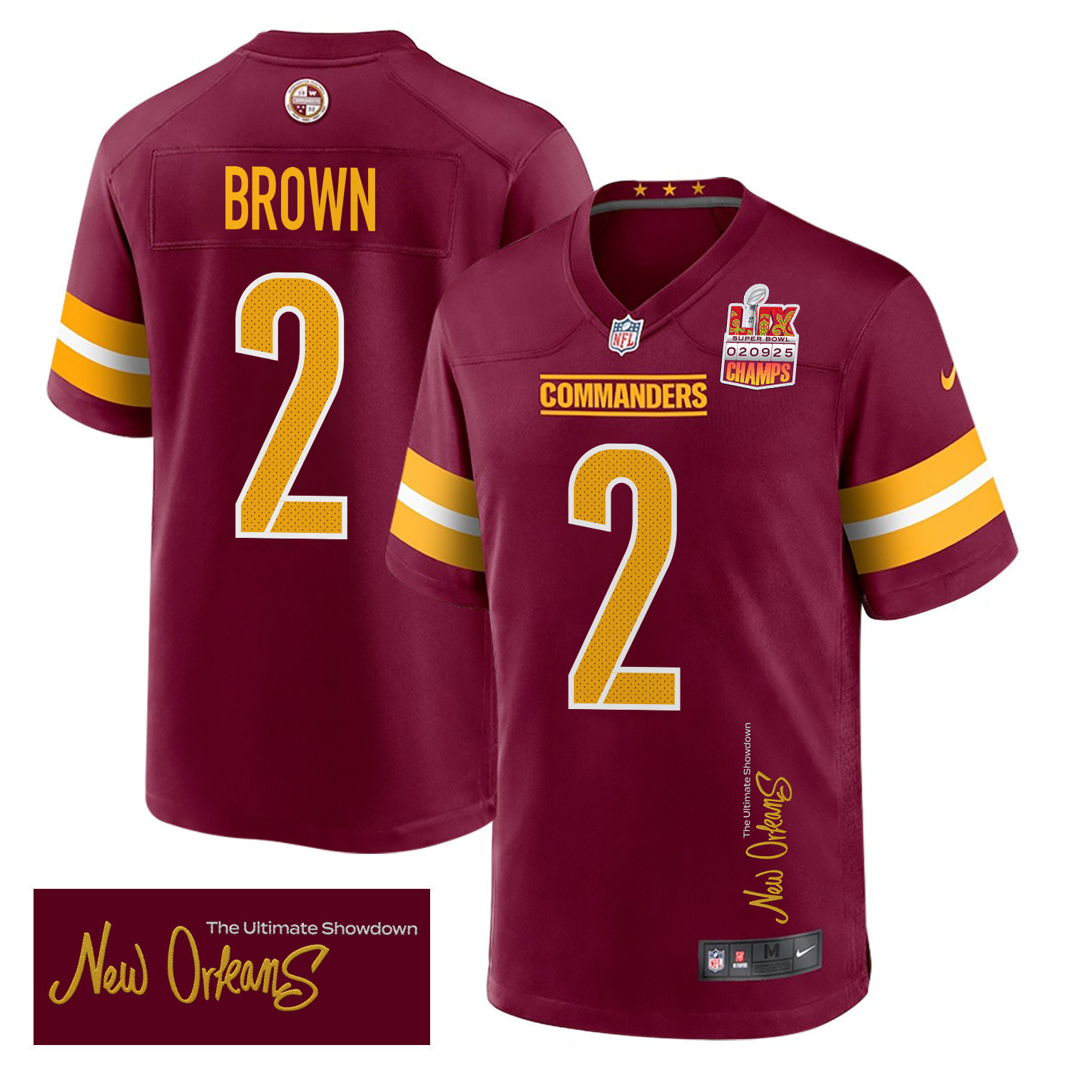 Hunk Wear - Dyami Brown 2 Washington Commanders Super Bowl LIX Champions Patch 'New Orleans ' The Ultimate Showdown' EMBROIDERED Game Men Jersey ' Burgundy