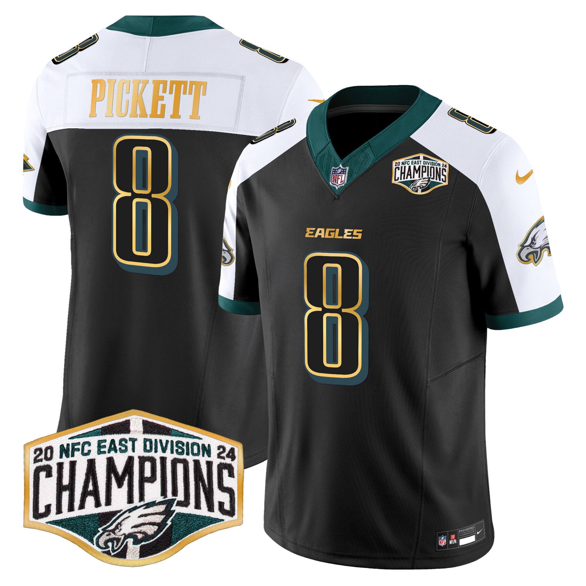 Hunk Wear - Eagles 2024 NFC East Division Champions Gold Trim Vapor Limited Jersey ' All Stitched ' Black Alternate ' Kenny Pickett Jersey