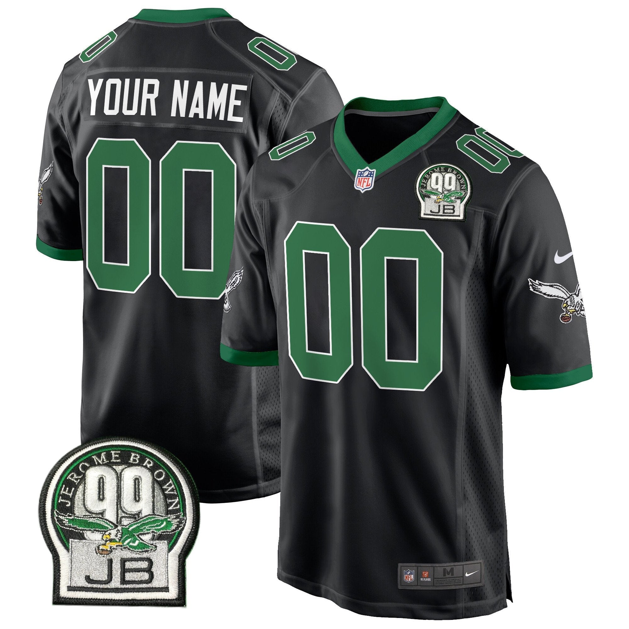 Hunk Wear - Eagles Jerome Brown Patch Kelly Green Game Custom Jersey – All Stitched – Black Jersey