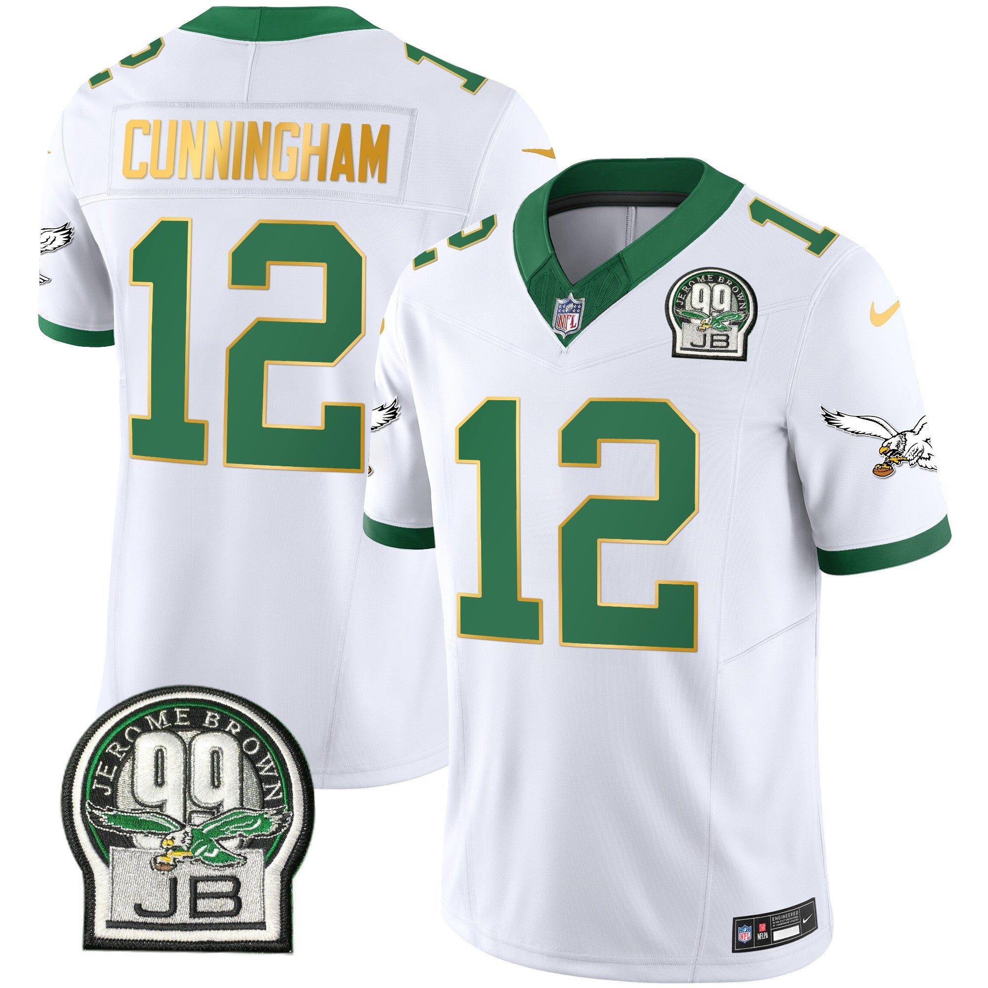 Hunk Wear - Eagles Jerome Brown Patch Kelly Green Gold Trim Jersey ' All Stitched ' Kelly White ' Randall Cunningham Jersey
