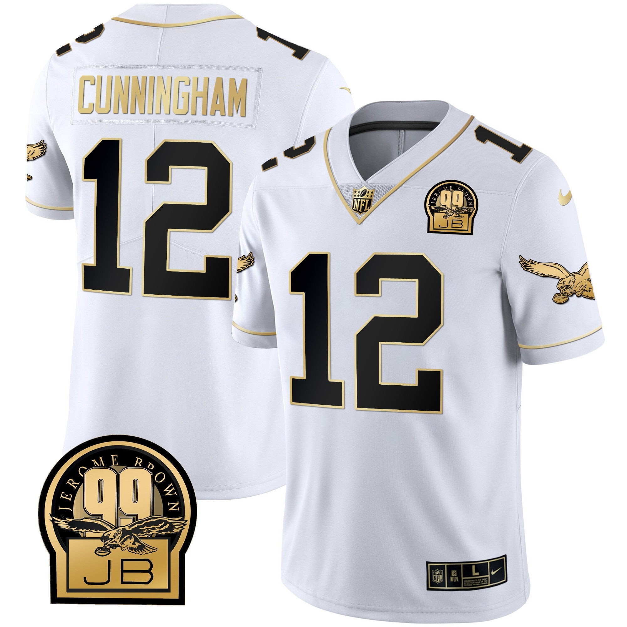 Hunk Wear - Eagles Jerome Brown Retired Patch Gold & Kelly Jersey â€“ All Stitched â€“ White Gold â€“ Randall Cunningham Jersey