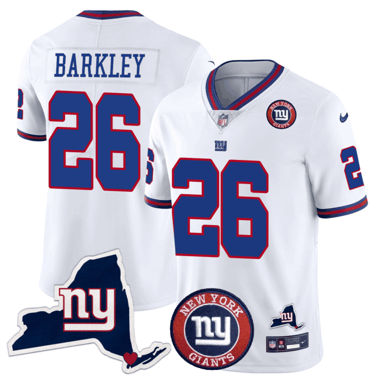 Hunk Wear - Giants New York State & Logo Patch Limited Jersey – All Stitched – White – Saquon Barkley Jersey