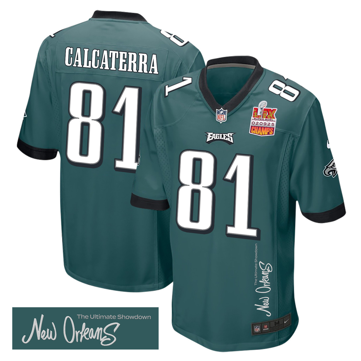 Hunk Wear - Grant Calcaterra 81 Philadelphia Eagles Super Bowl LIX Champions Patch 'New Orleans ' The Ultimate Showdown' EMBROIDERED Game Men Jersey ' Midnight Green