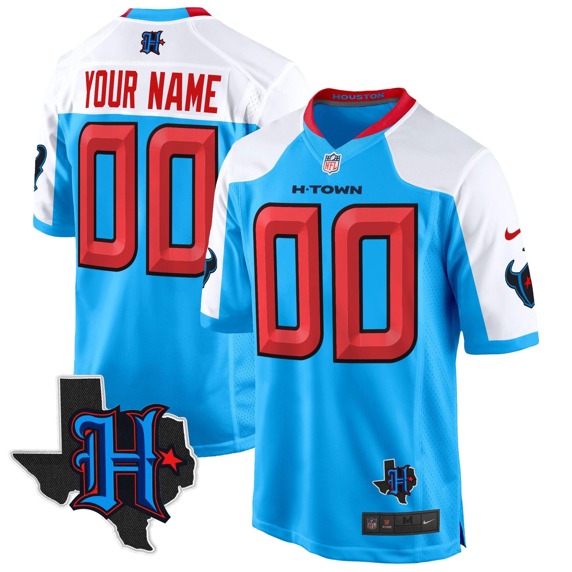 Hunk Wear - Houston Texans 2024 Texas Patch Game Custom Jersey – All Stitched – Blue Alternate Jersey
