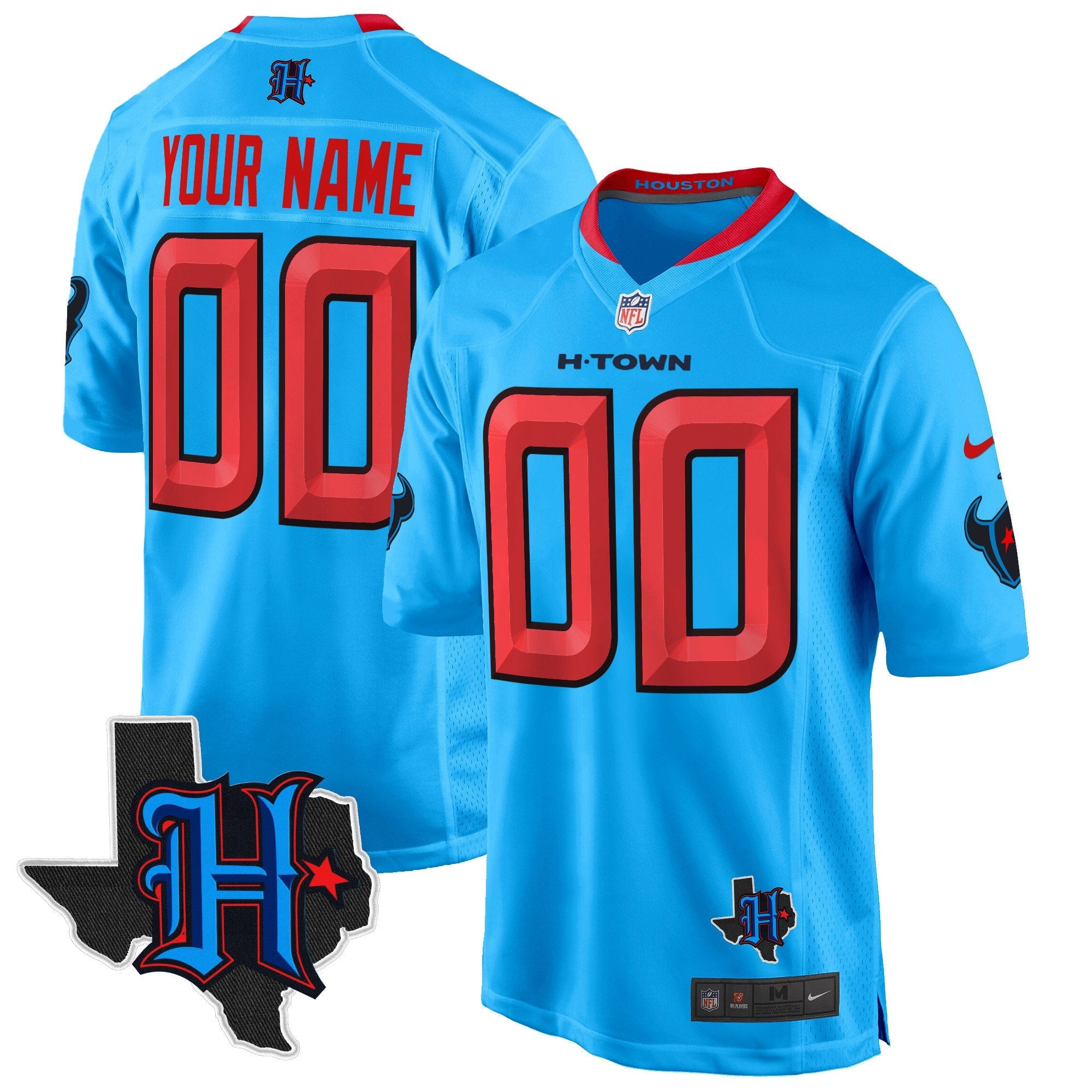 Hunk Wear - Houston Texans 2024 Texas Patch Game Custom Jersey – All Stitched – Blue Jersey
