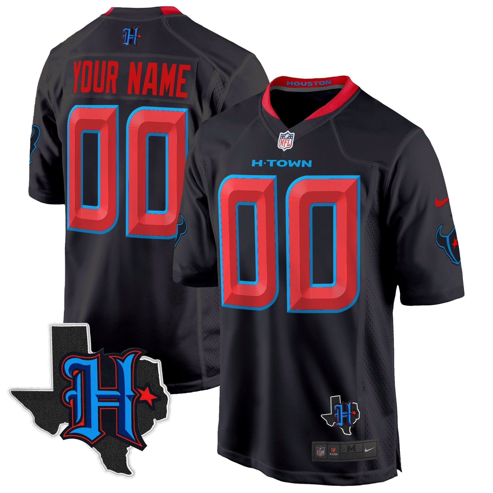 Hunk Wear - Houston Texans 2024 Texas Patch Game Custom Jersey ' All Stitched ' Navy Limited Jersey