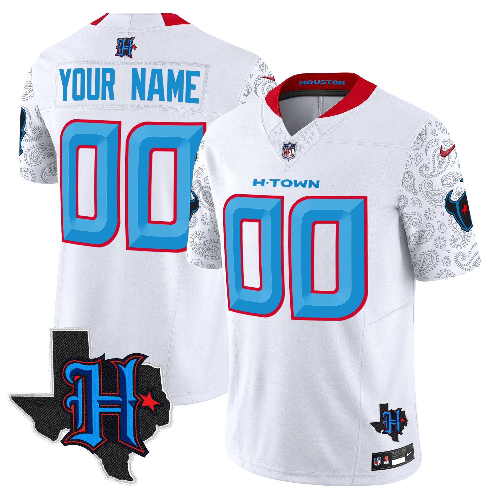 Hunk Wear - Houston Texans 2024 Texas Patch Vapor Limited Custom Jersey V4 ' All Stitched ' White Jersey