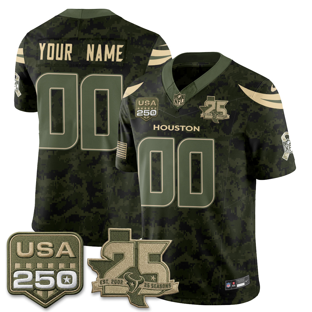 Hunk Wear - Houston Texans 2026 Salute to Service Edition Vapor Custom Jersey ' All Stitched ' Camo