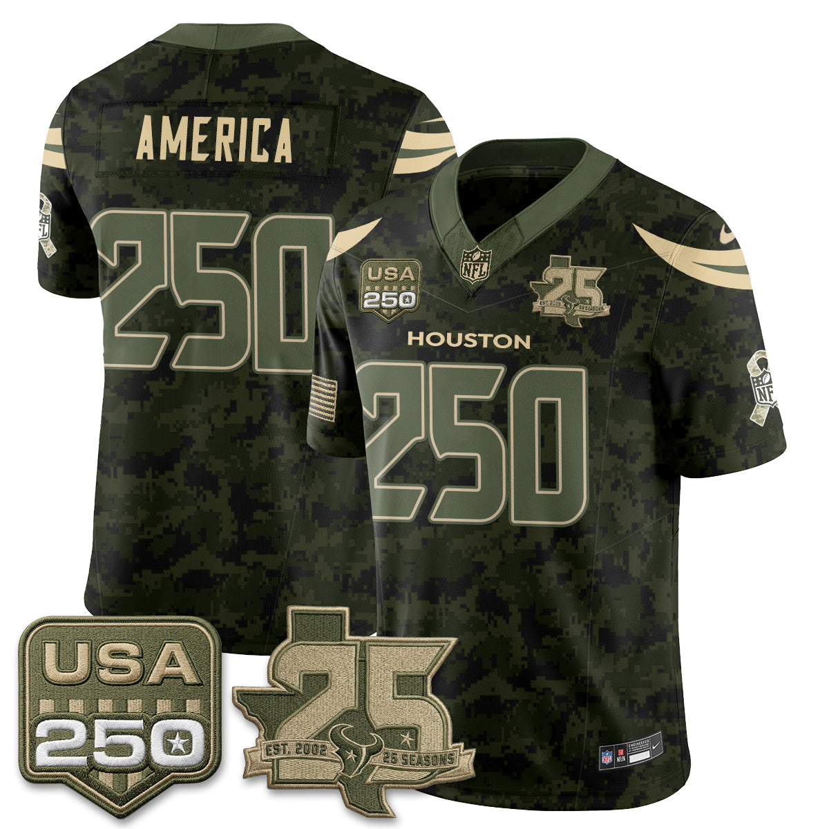Hunk Wear - Houston Texans America 2026 Salute to Service Edition Vapor Jersey ' All Stitched ' Camo