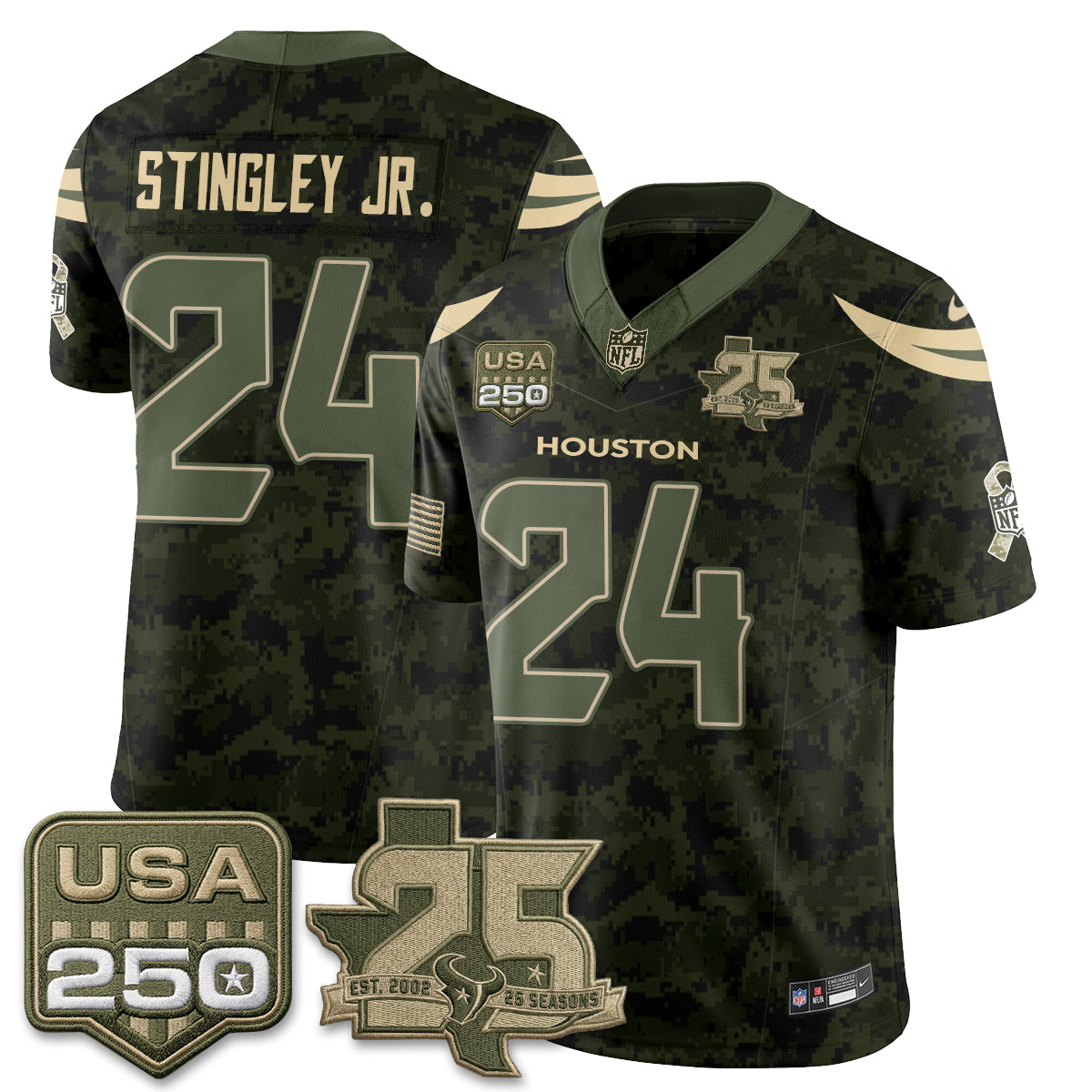 Hunk Wear - Houston Texans Derek Stingley Jr. 2026 Salute to Service Edition Vapor Jersey ' All Stitched ' Camo