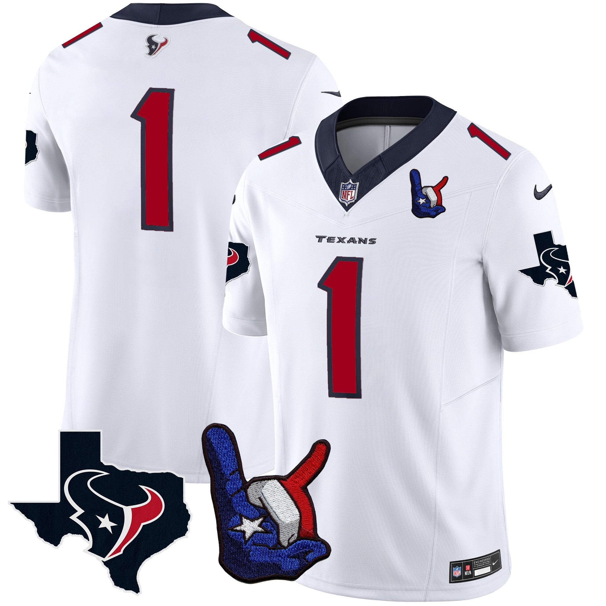 Hunk Wear - Houston Texans Hand Sign Throwing Up The H Vapor Jersey ' All Stitched ' White ' #1 Team Jersey