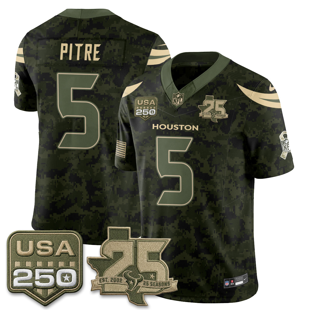 Hunk Wear - Houston Texans Jalen Pitre 2026 Salute to Service Edition Vapor Jersey ' All Stitched ' Camo