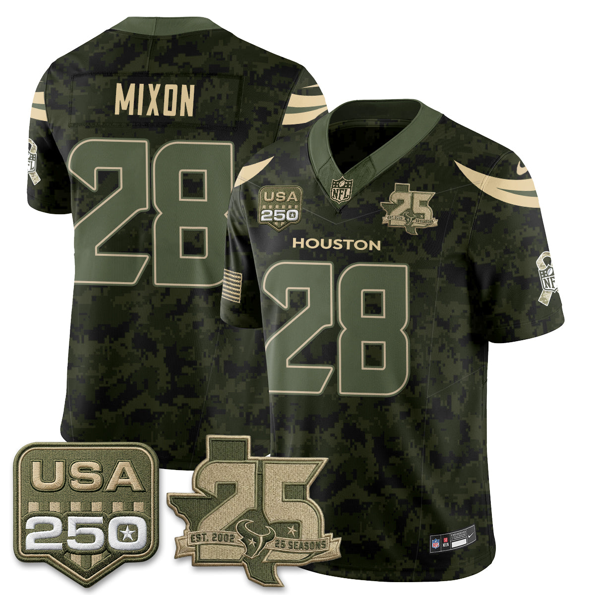 Hunk Wear - Houston Texans Joe Mixon 2026 Salute to Service Edition Vapor Jersey ' All Stitched ' Camo