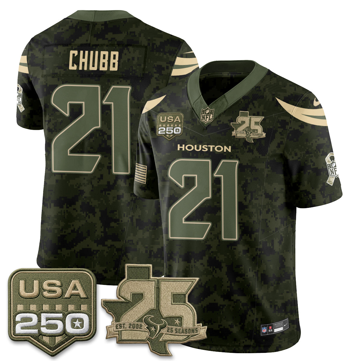Hunk Wear - Houston Texans Nick Chubb 2026 Salute to Service Edition Vapor Jersey ' All Stitched ' Camo