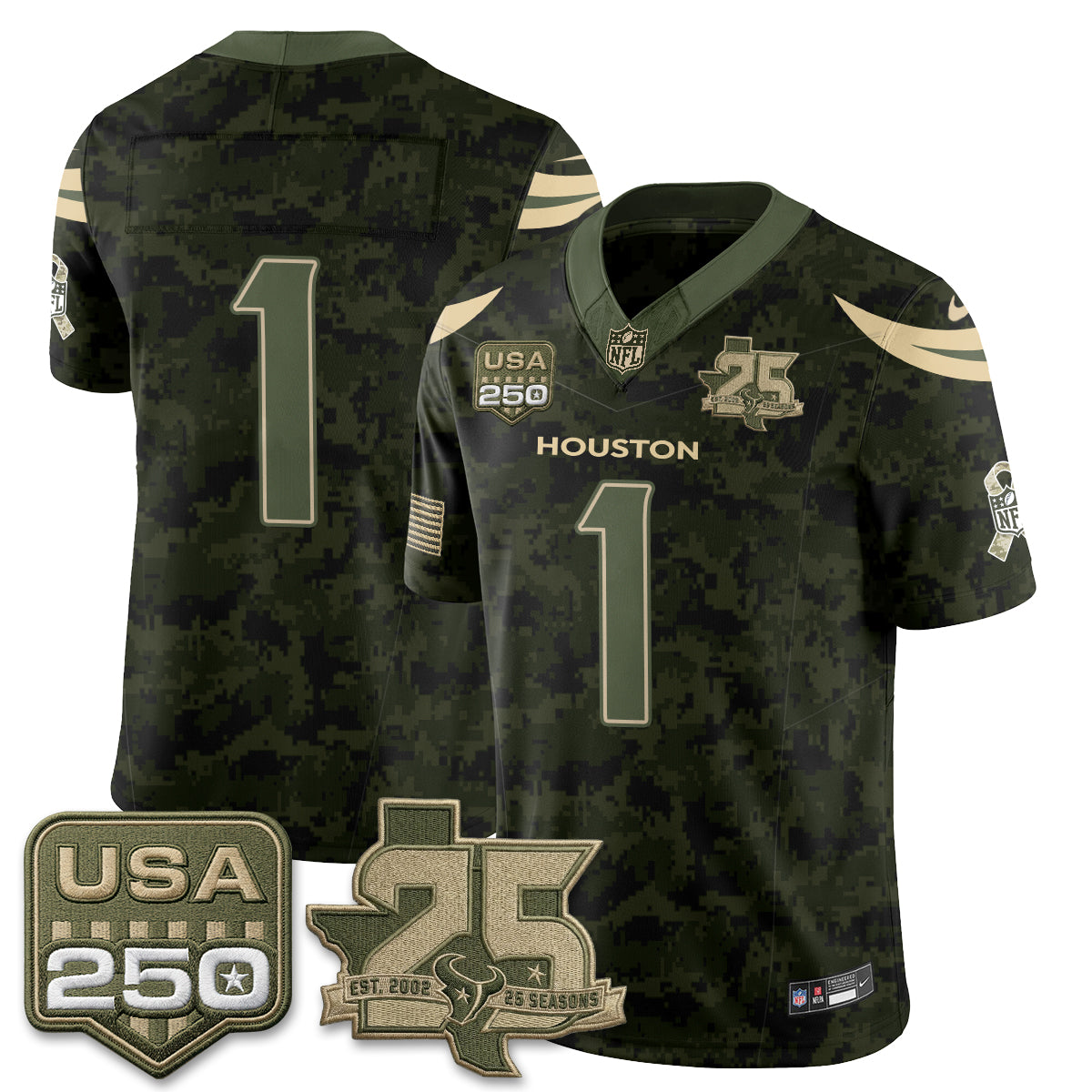 Hunk Wear - Houston Texans Team 2026 Salute to Service Edition Vapor Jersey ' All Stitched ' Camo
