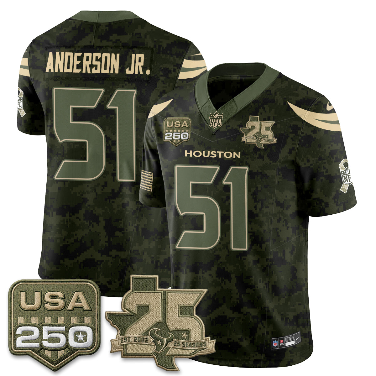 Hunk Wear - Houston Texans Will Anderson Jr. 2026 Salute to Service Edition Vapor Jersey ' All Stitched ' Camo