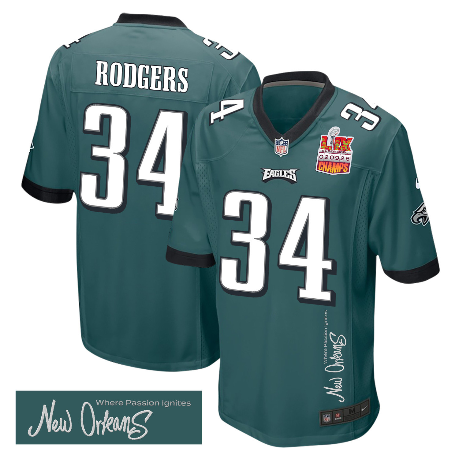 Hunk Wear - Isaiah Rodgers 34 Philadelphia Eagles Super Bowl LIX Champions Patch 'New Orleans ' Where Passion Ignites' EMBROIDERED Game Men Jersey ' Midnight Green