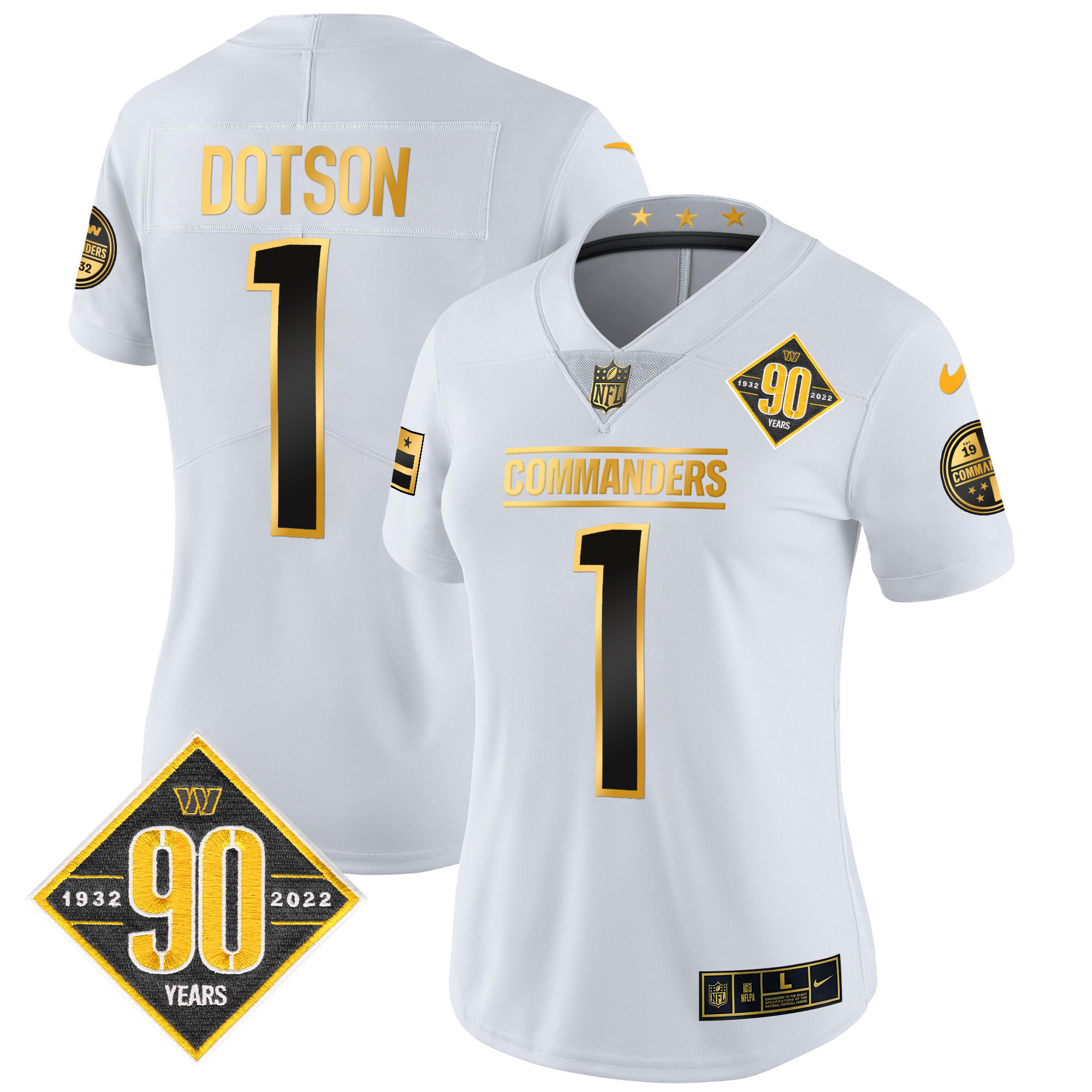 Hunk Wear - Jahan Dotson Women's Washington Commanders 90th Anniversary Patch Gold Vapor White Gold Jersey