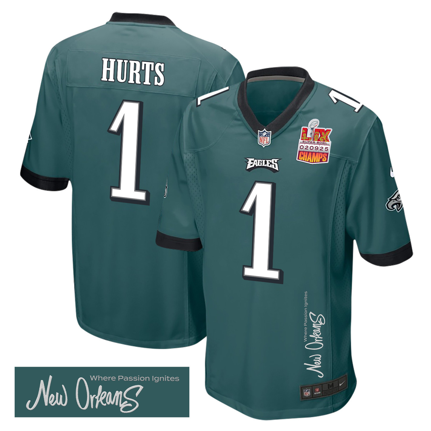 Hunk Wear - Jalen Hurts 1 Philadelphia Eagles Super Bowl LIX Champions Patch 'New Orleans ' Where Passion Ignites' EMBROIDERED Game Men Jersey ' Midnight Green