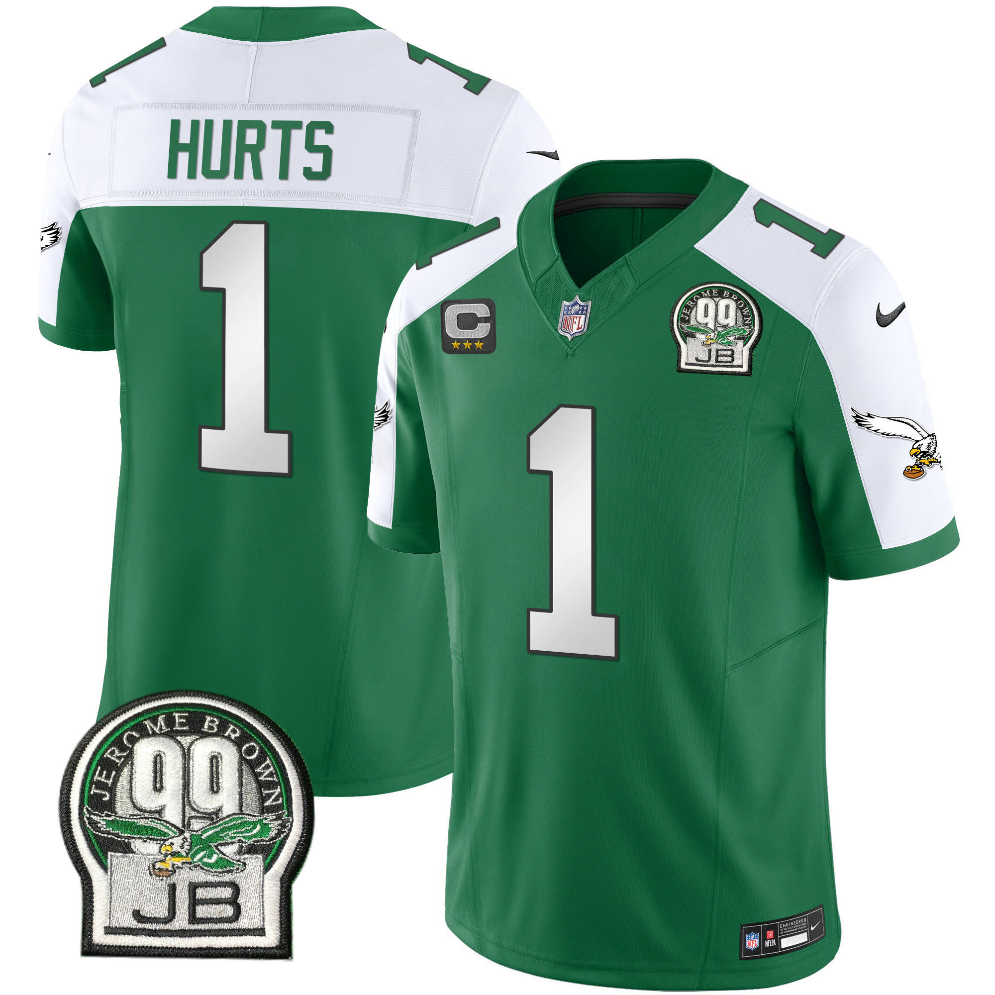 Hunk Wear - Jalen Hurts Men's Philadelphia Eagles Jerome Brown Patch Kelly Green Alternate Kelly Alternate Jersey