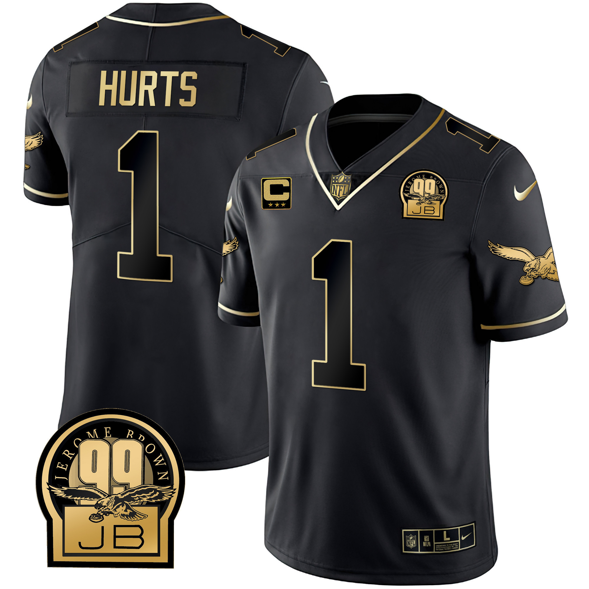 Hunk Wear - Jalen Hurts Philadelphia Eagles Jerome Brown Retired Patch Black Gold & Kelly Jersey