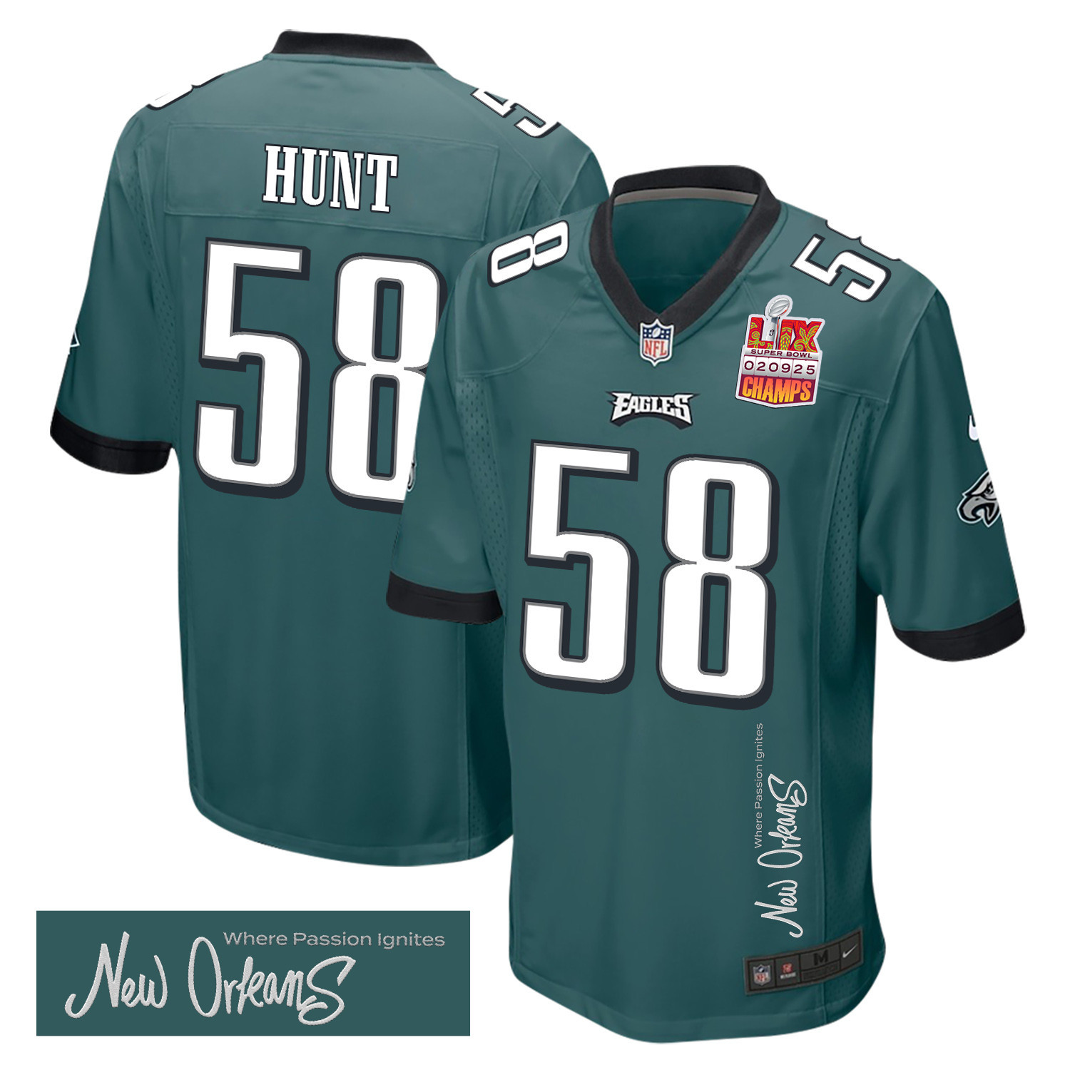 Hunk Wear - Jalyx Hunt 58 Philadelphia Eagles Super Bowl LIX Champions Patch 'New Orleans ' Where Passion Ignites' EMBROIDERED Game Men Jersey ' Midnight Green