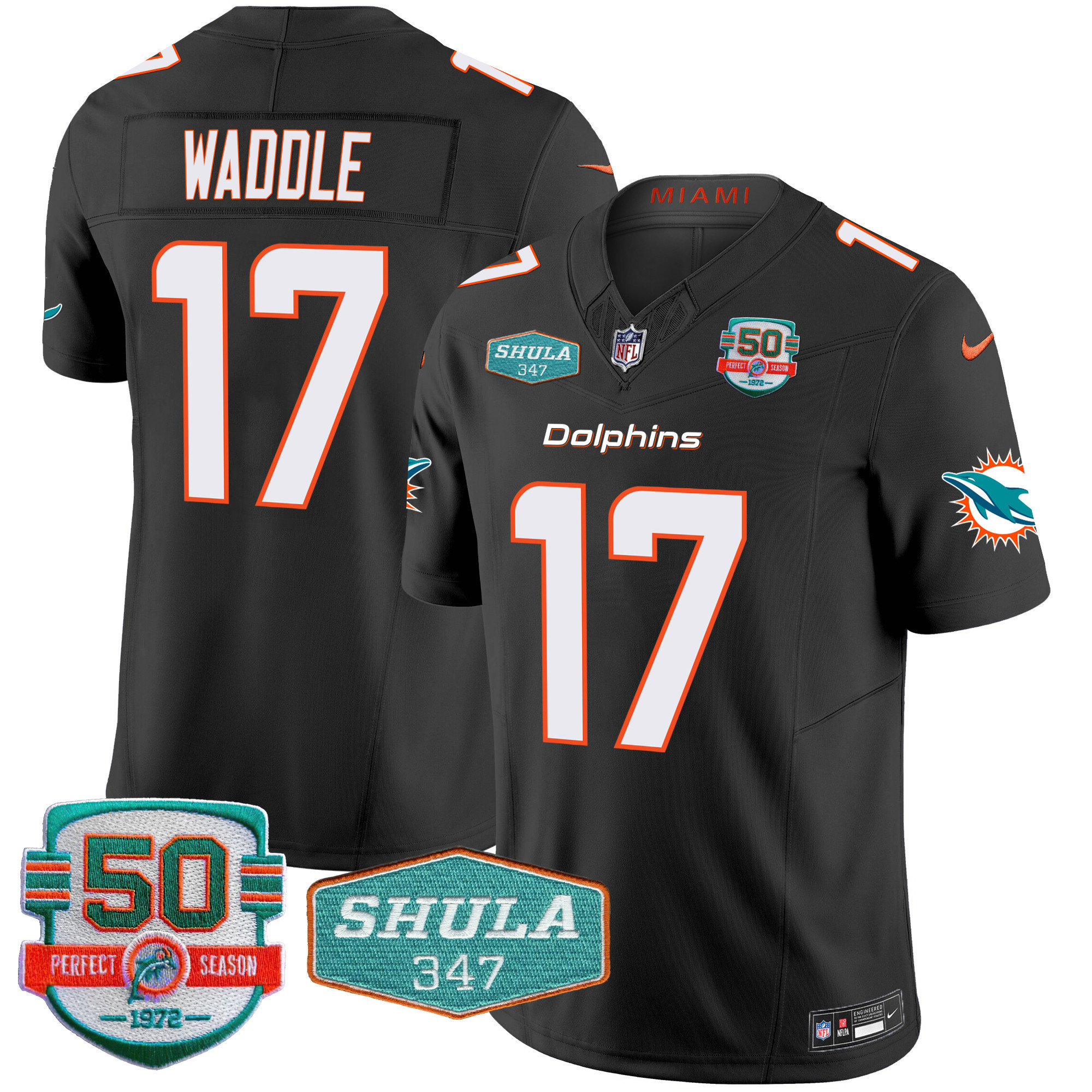 Hunk Wear - Jaylen Waddle Men's Miami Dolphins Shula 347 Patch Vapor Black Jersey