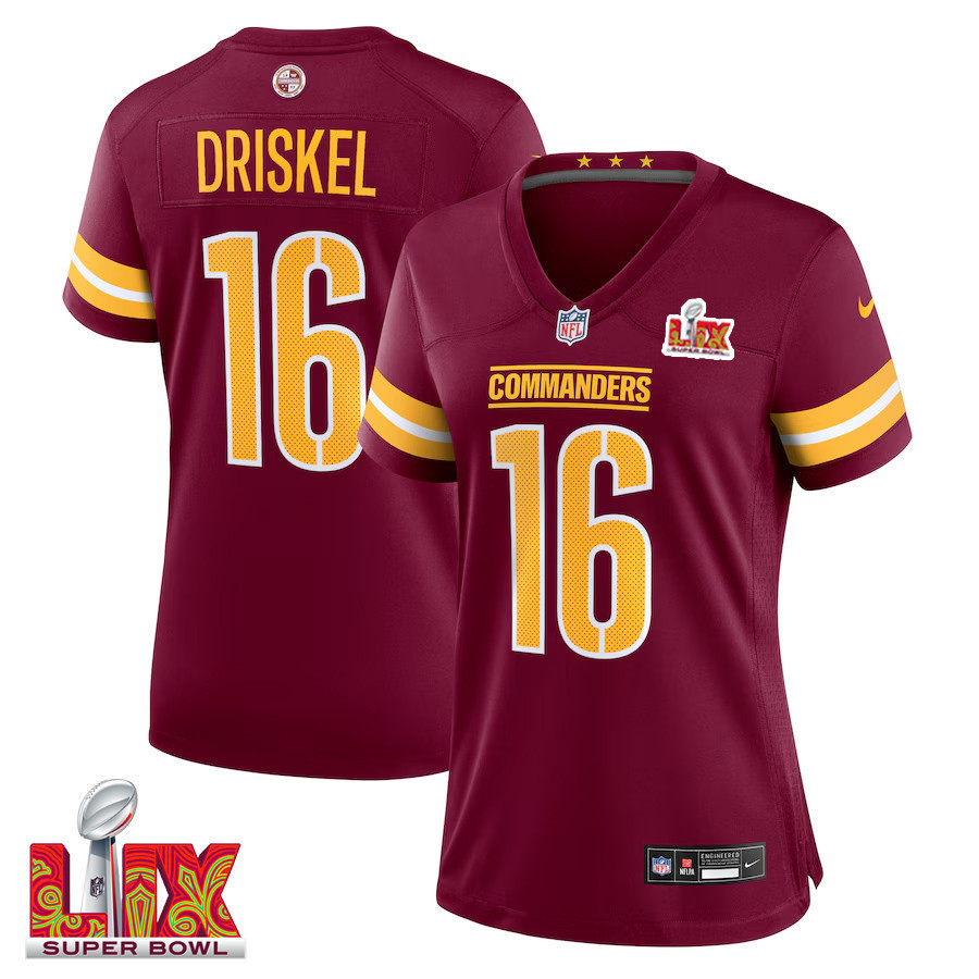 Hunk Wear - Jeff Driskel #16 Washington Commanders Super Bowl LIX Women's Jersey ' Burgundy