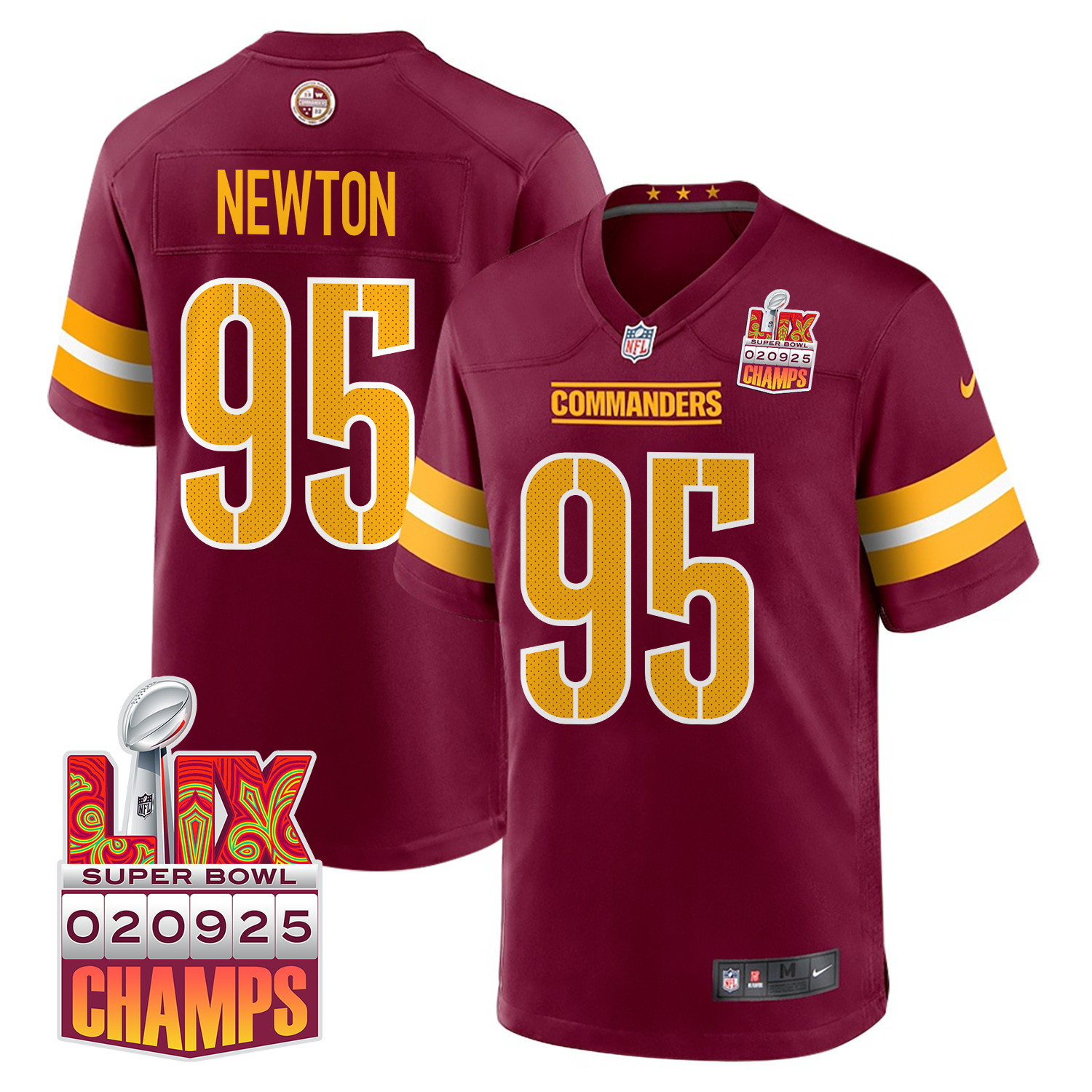 Hunk Wear - Jer'Zhan Newton 95 Washington Commanders Super Bowl LIX Champions Patch Game Men Jersey ' Burgundy