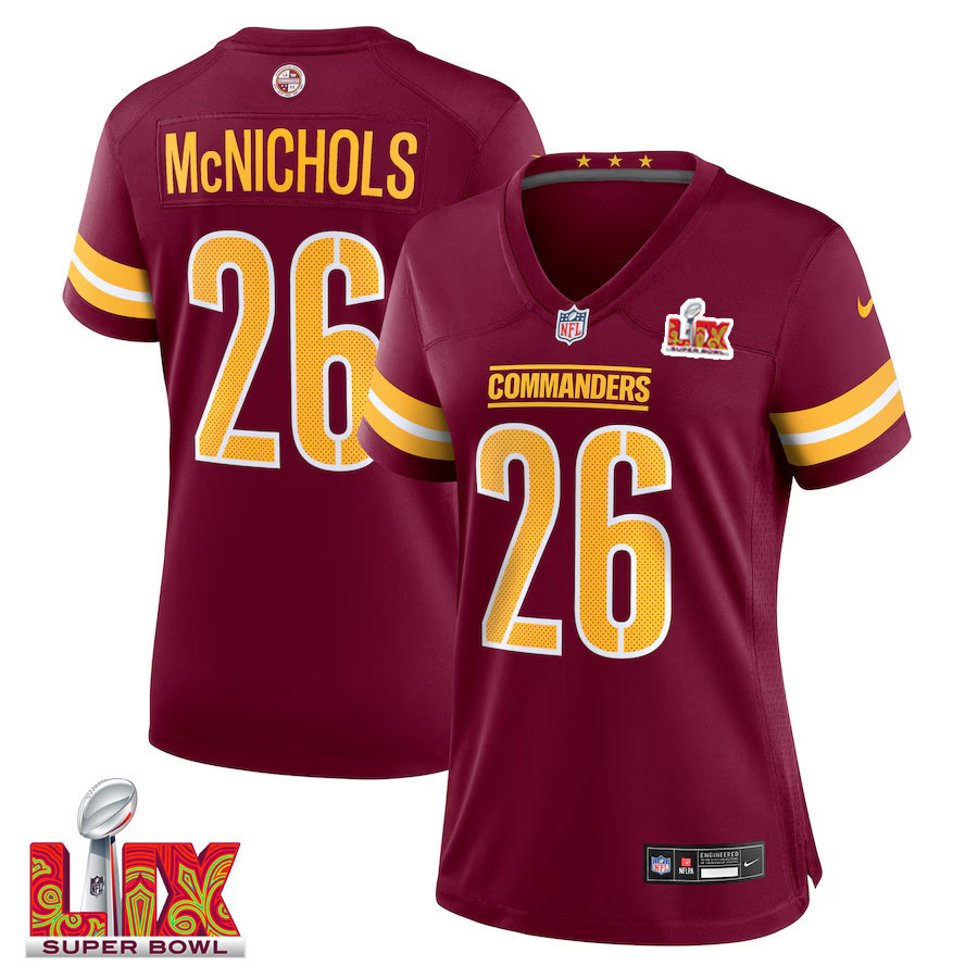 Hunk Wear - Jeremy McNichols #26 Washington Commanders Super Bowl LIX Women's Jersey ' Burgundy
