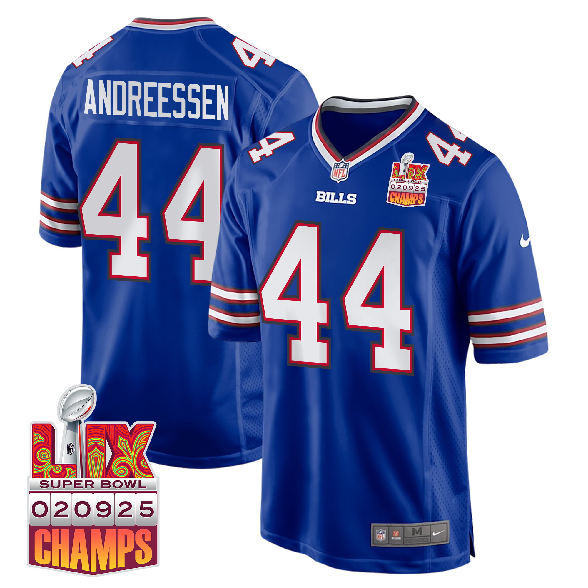 Hunk Wear - Joe Andreessen 44 Buffalo Bills Super Bowl LIX Champions Patch Game Men Jersey ' Royal