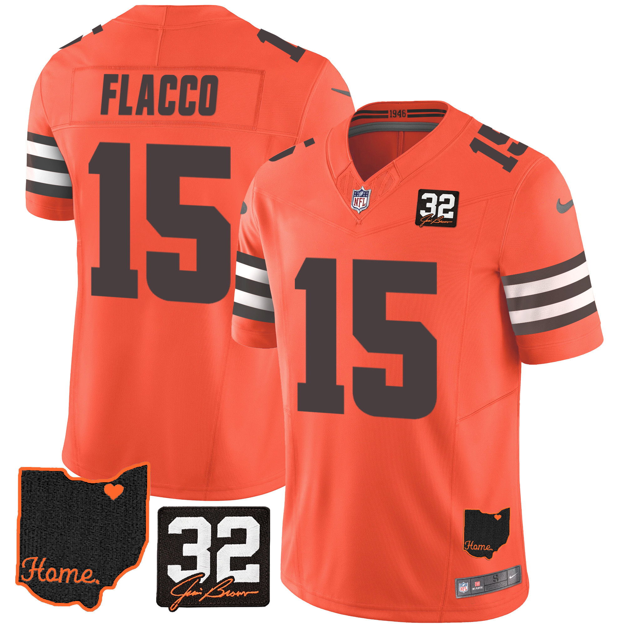 Hunk Wear - Joe Flacco Men's Cleveland Browns #32 Jim Brown Memorial & Home Patch V3 Orange Jersey