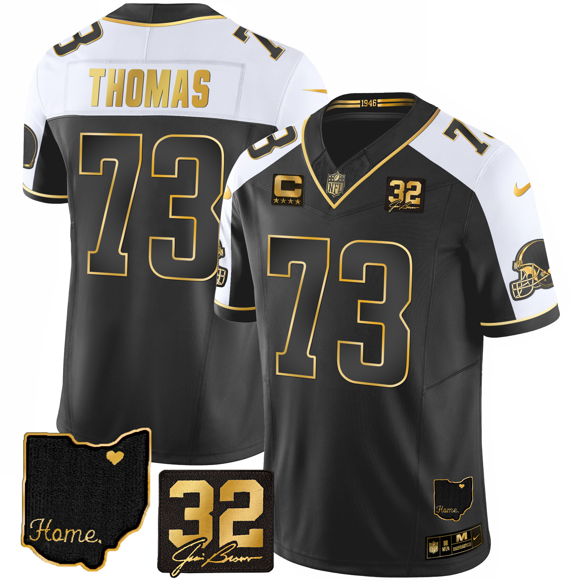 Hunk Wear - Joe Thomas Men's Cleveland Browns #32 Jim Brown Memorial & Home Patch Gold Alternate Jersey