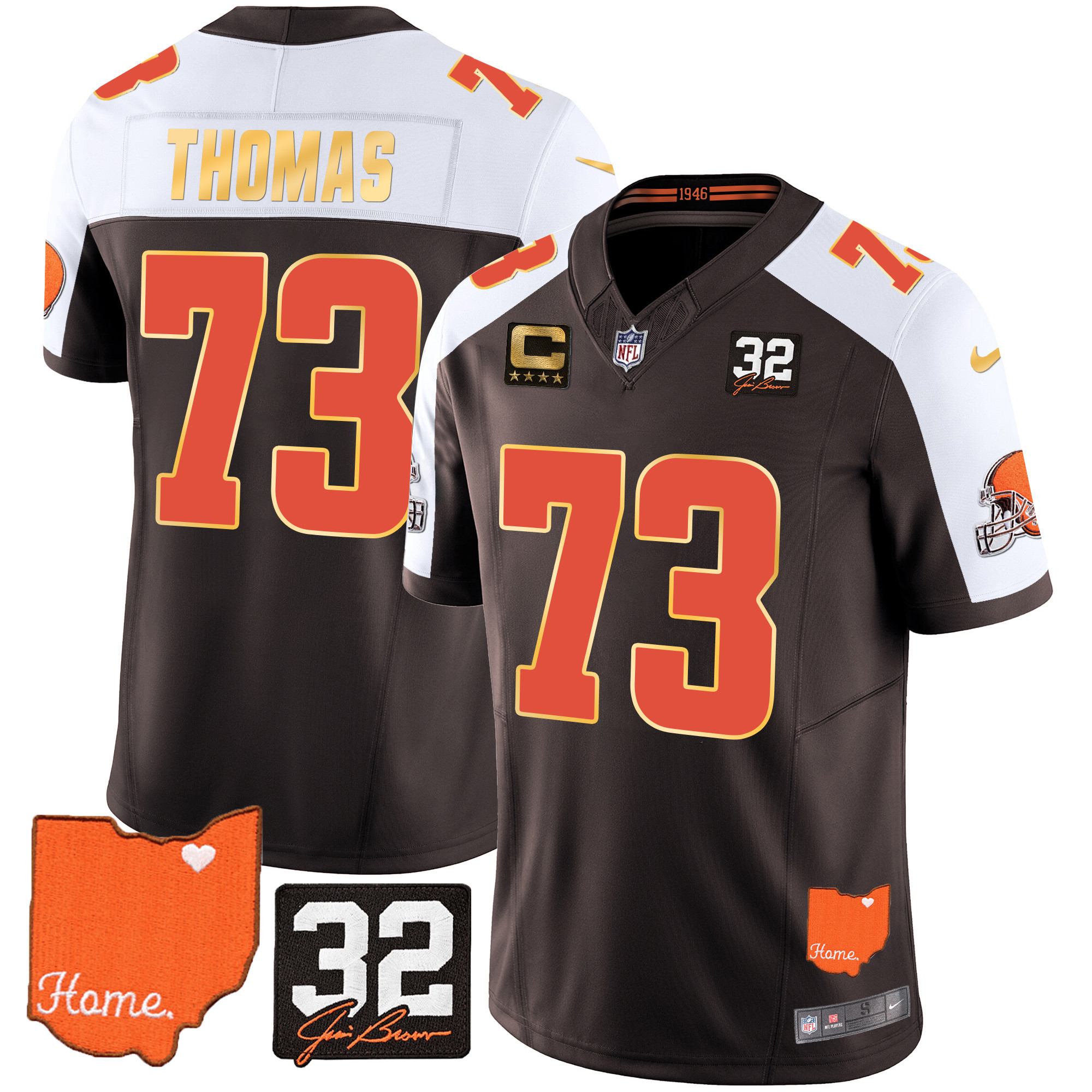 Hunk Wear - Joe Thomas Men's Cleveland Browns #32 Jim Brown Memorial & Home Patch Gold Trim Alternate Jersey